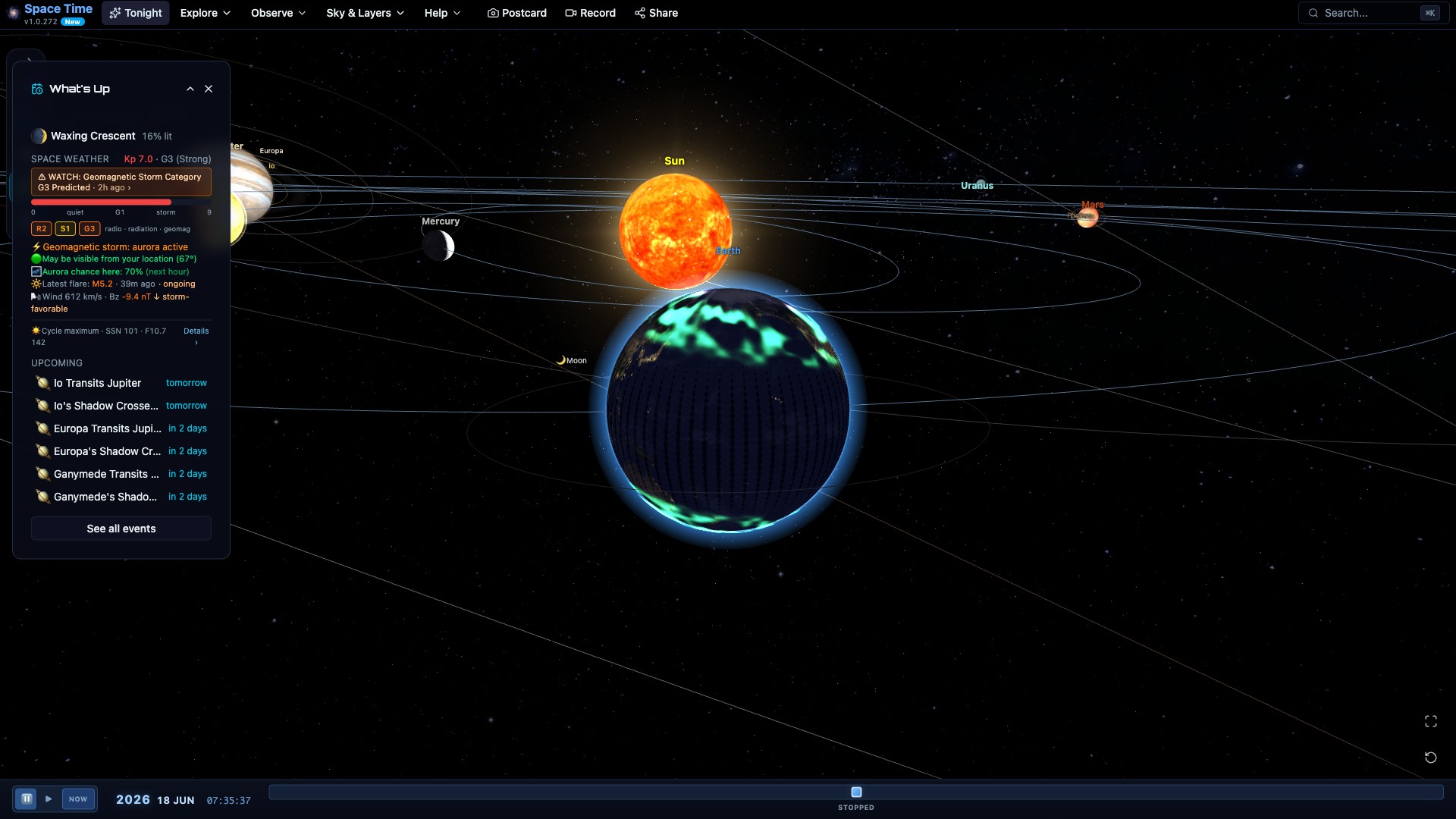 The Space Weather card showing live Kp, the R S G storm scales, a G3 geomagnetic storm watch, the latest flare and solar wind, beside the aurora on the 3D Earth