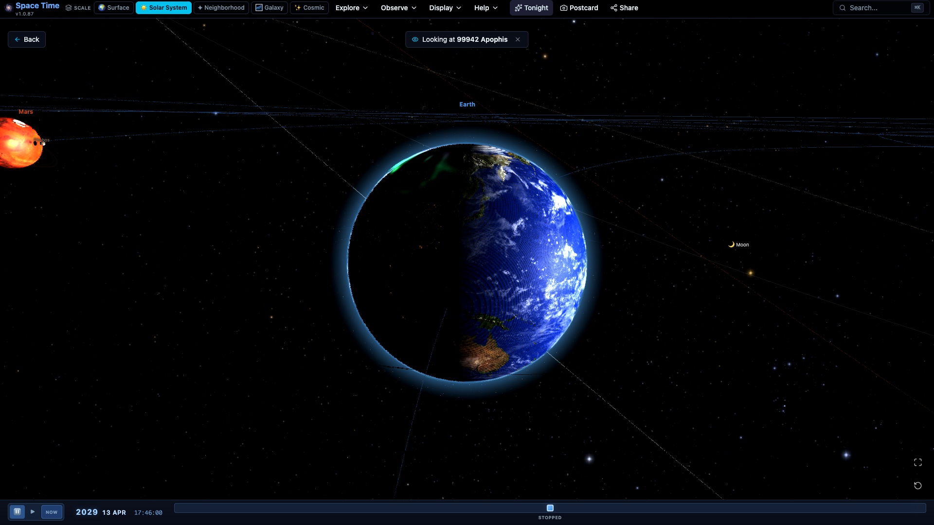 3D simulation of asteroid Apophis beside Earth during the 2029 close approach