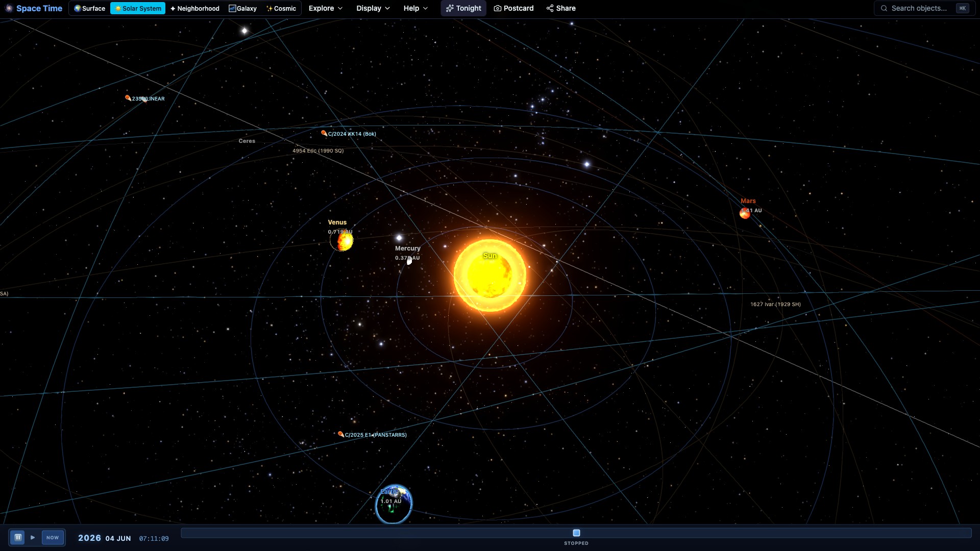Space Time's 3D solar system view, a Stellarium alternative that runs in the browser