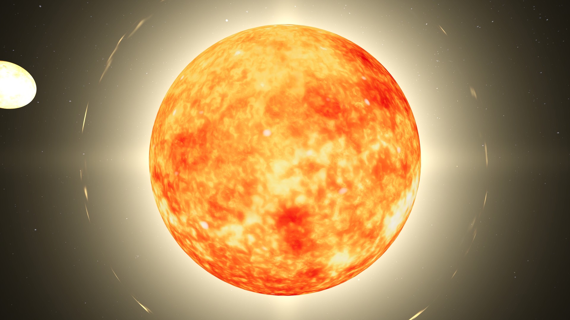 The Sun rendered with a seething surface, prominences and corona