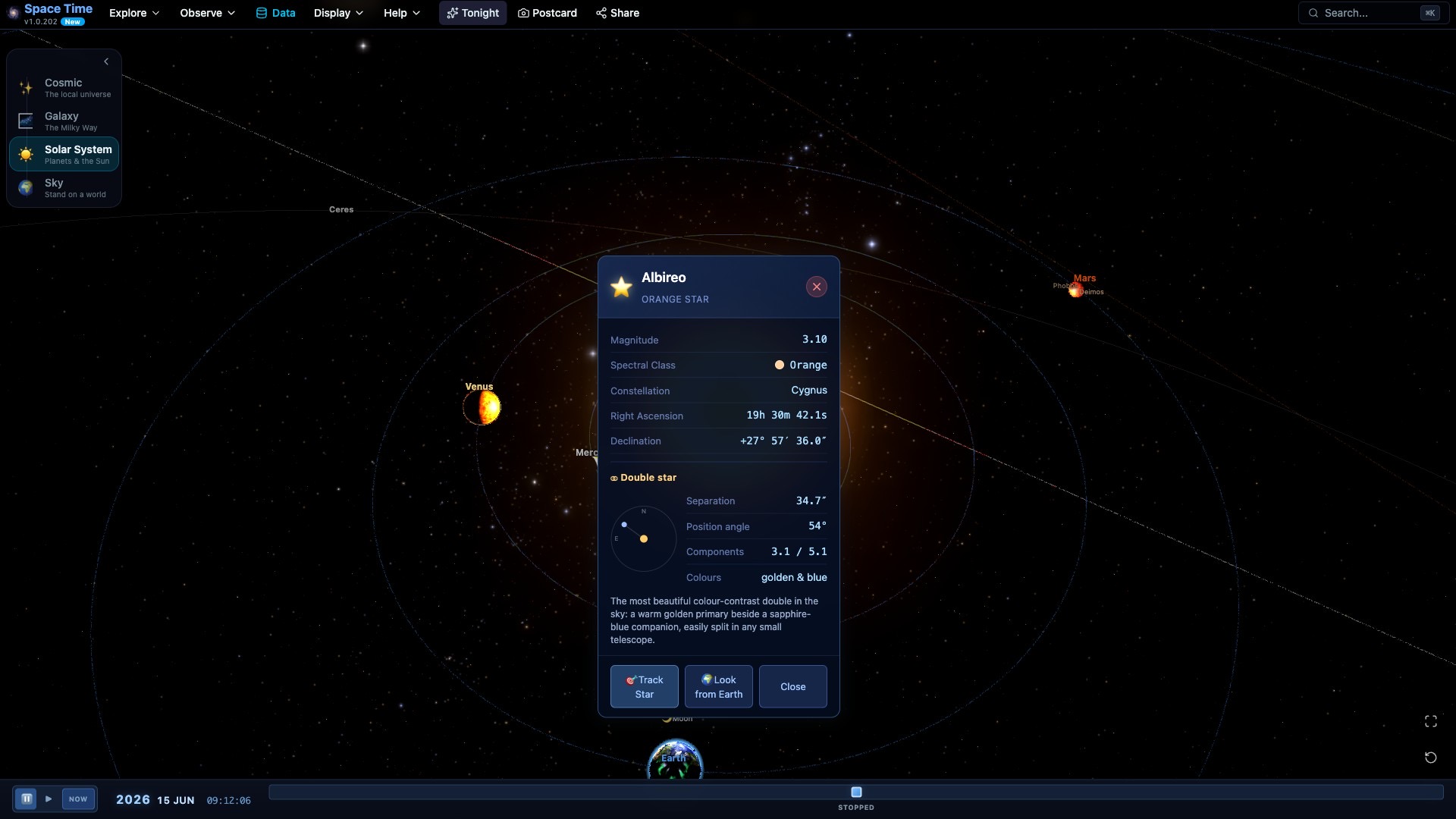 The double star Albireo identified with its separation, position angle and component colours