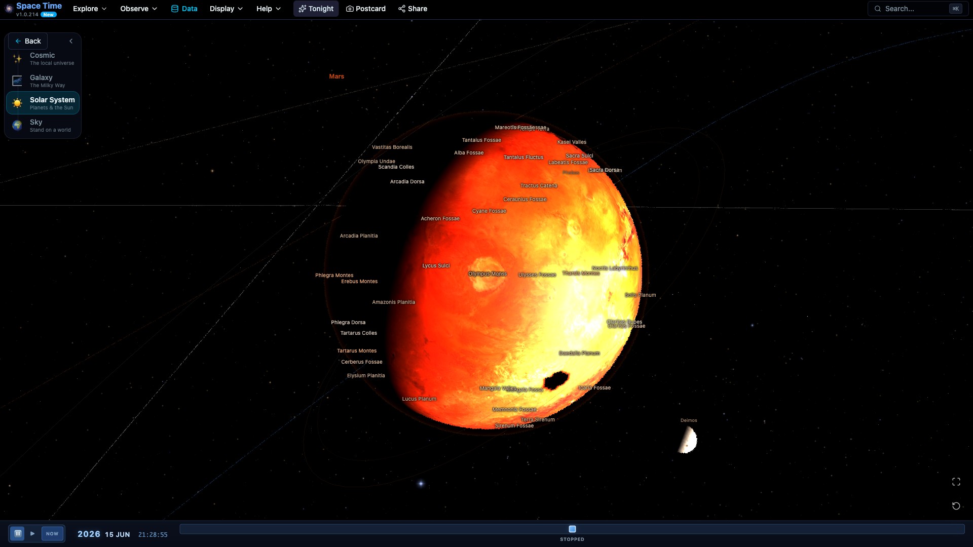 The Mars atlas in Space Time, with 2,000+ named IAU surface features clickable on the globe