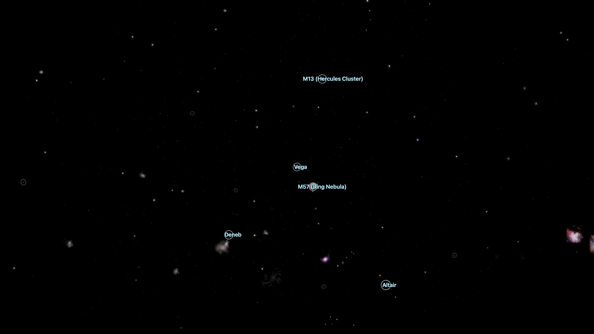 An observing list highlighted in the night sky, with M13, Vega, M57, Deneb and Altair each circled and labeled