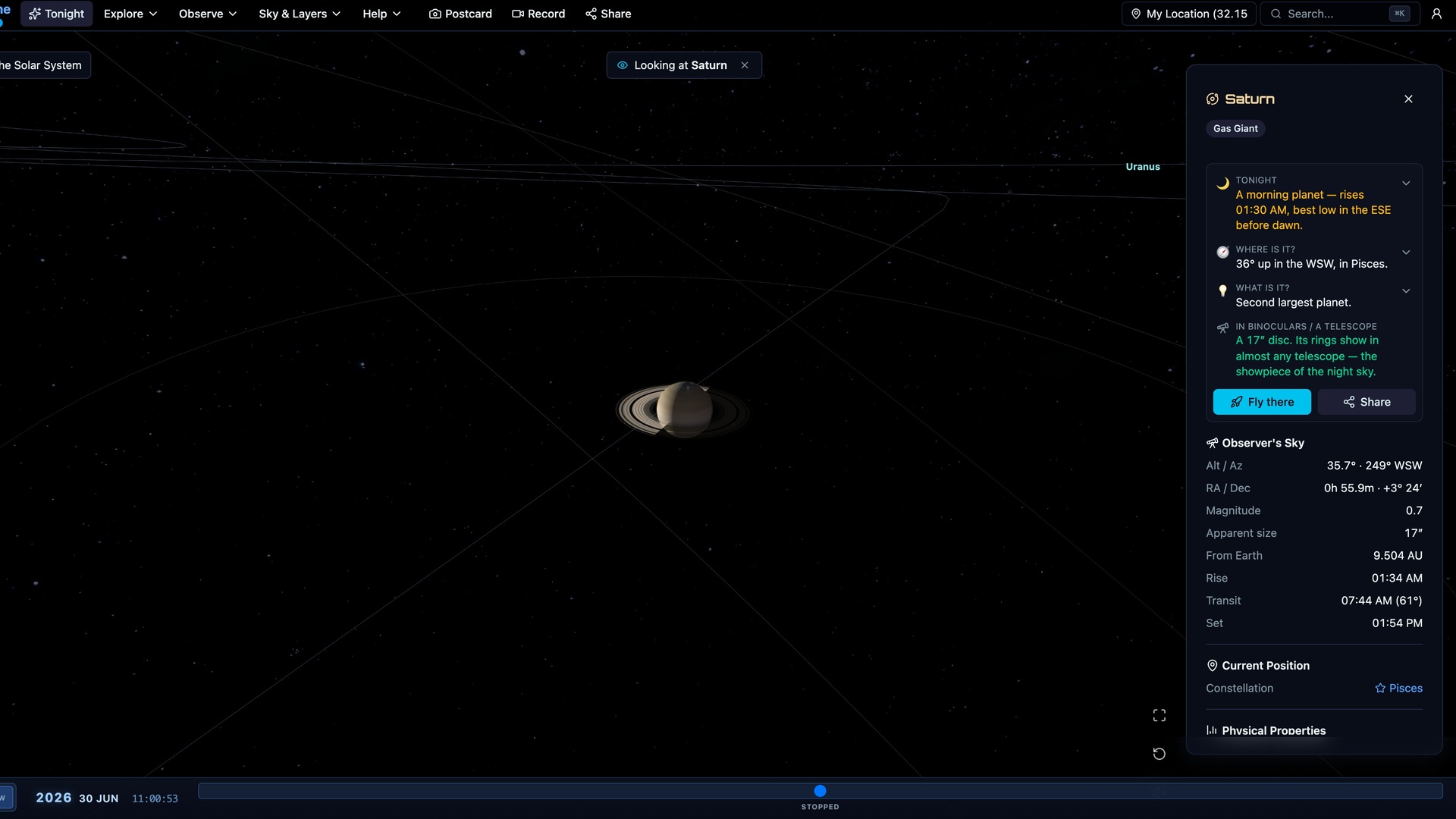 The Saturn answer card in Space Time: a plain-language summary of when it rises, where it is in the sky, its brightness and apparent size, and how its rings look in a telescope, beside the 3D ringed planet