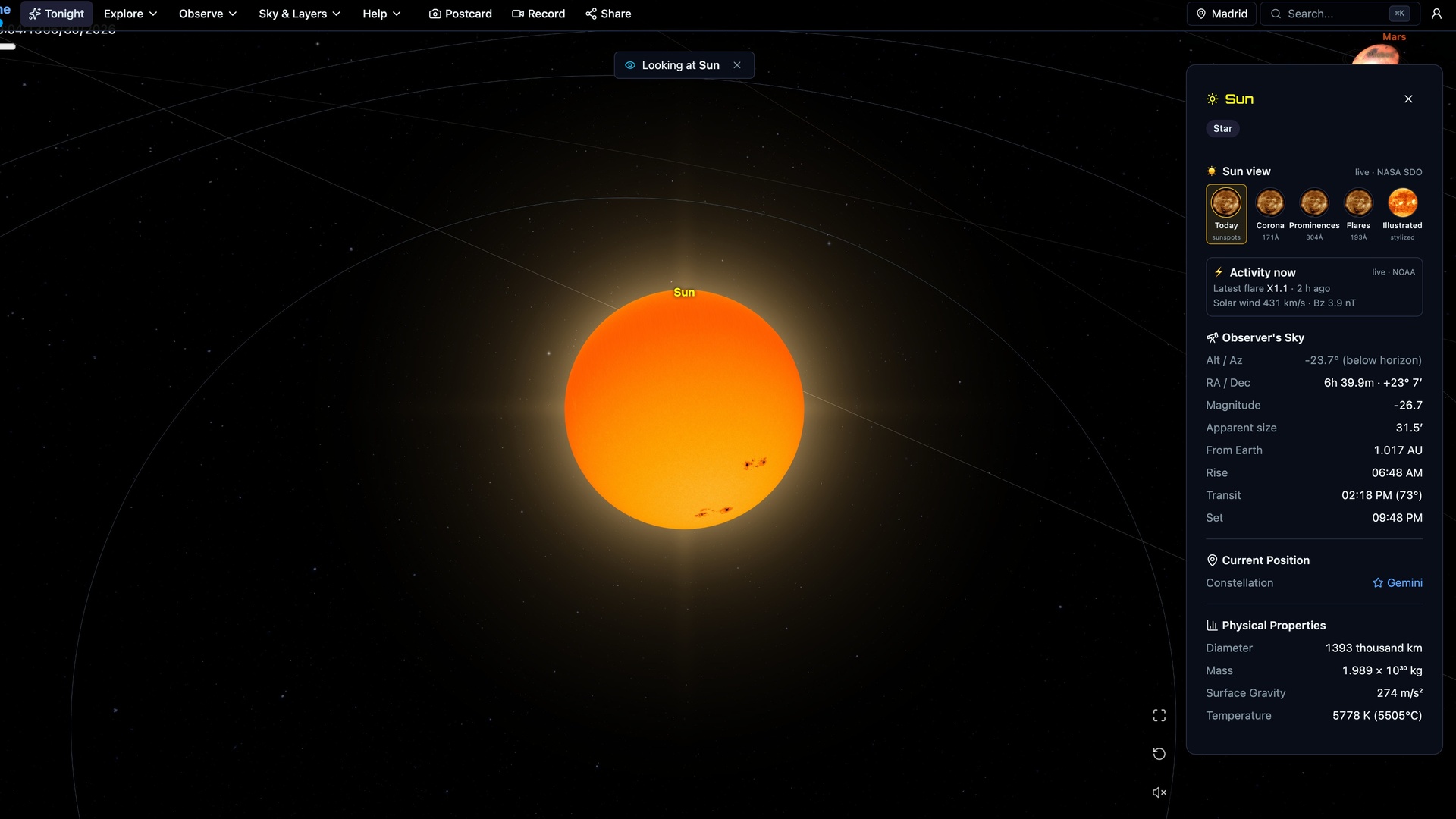 The Sun in Space Time rendered from today's real NASA Solar Dynamics Observatory imagery, showing the actual current sunspot groups, in the solar-system view