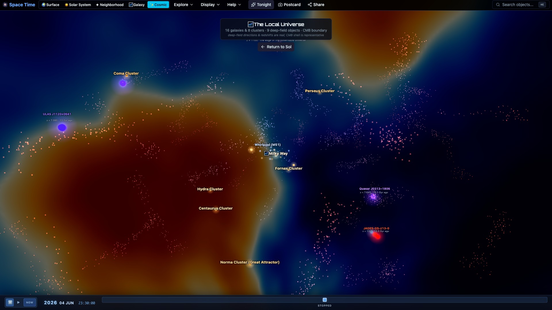The cosmic web view in Space Time, far beyond what Stellarium shows
