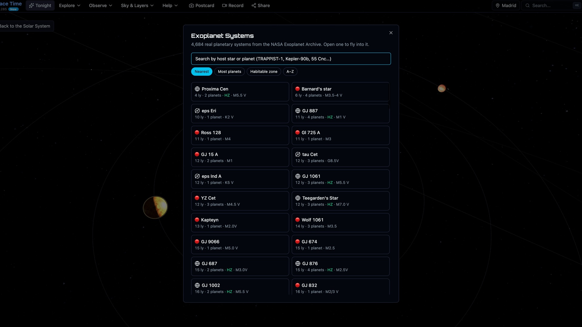 The exoplanet browser listing 4,684 real planetary systems from the NASA Exoplanet Archive, searchable and sortable by distance, planet count and habitable zone