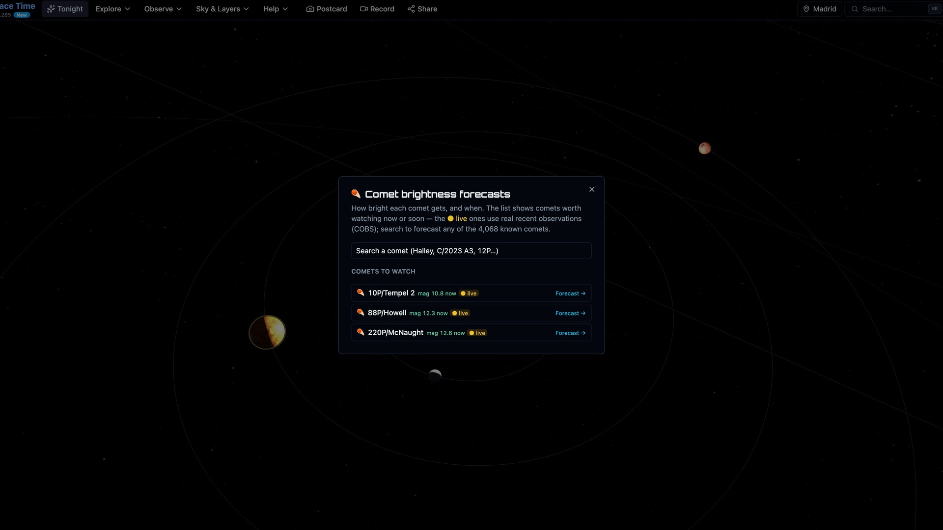 The comet brightness forecast with live observed magnitudes from COBS, each comet flagged 'live' with its real recent magnitude