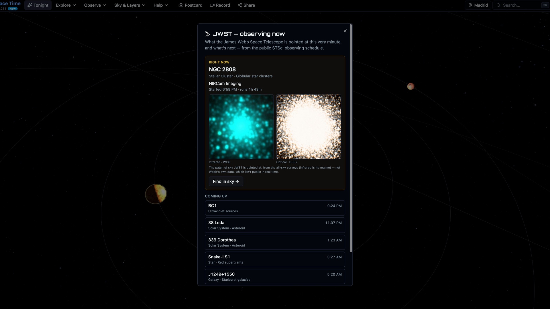 What the James Webb Space Telescope is observing right now from the live STScI schedule — the globular cluster NGC 2808 — with infrared (WISE) and optical (DSS2) cutouts of that patch of sky