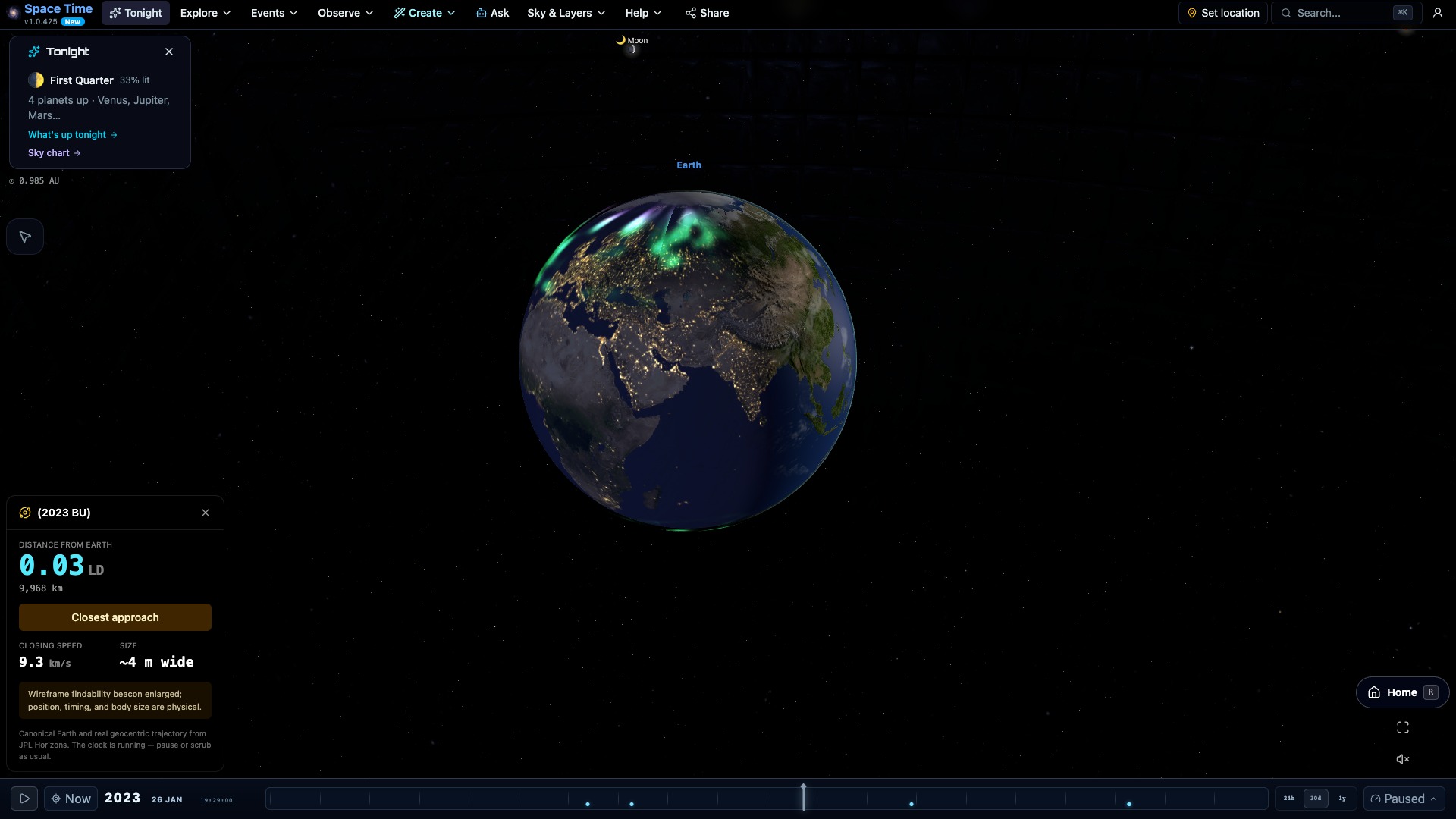 A near-Earth asteroid, 2026 MC2, shown at its closest approach to Earth on its real JPL Horizons trajectory, with a live readout of the miss distance in lunar distances, closing speed and size