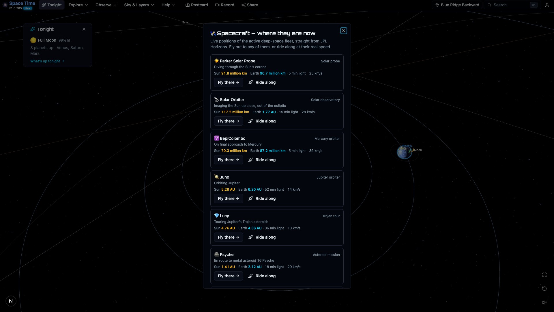 A live list of active deep-space missions — Parker Solar Probe, Solar Orbiter, BepiColombo, Juno, Lucy, Psyche and more — each showing its real current distance from the Sun and Earth, light-travel time and speed from JPL Horizons