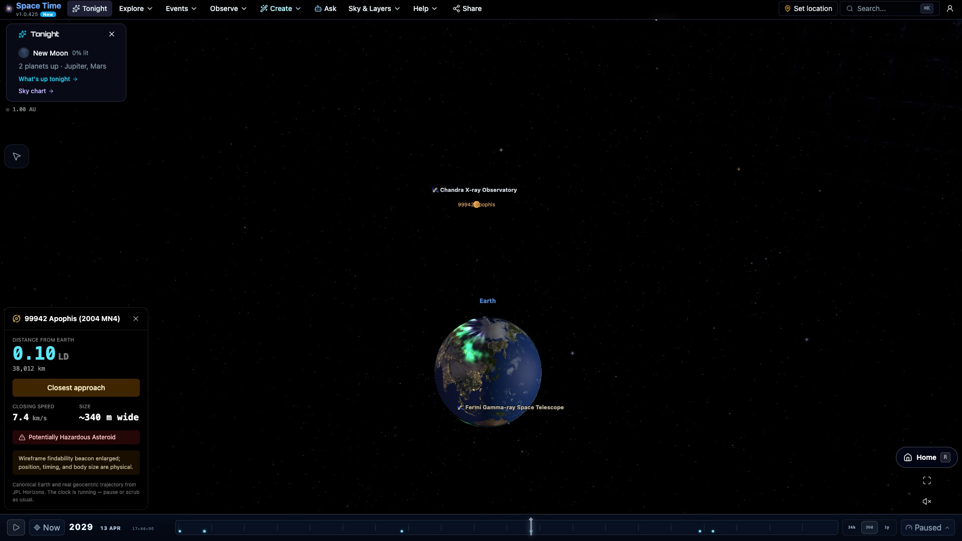 Asteroid 99942 Apophis at its April 13 2029 closest approach, passing about 38,000 km from Earth's centre — inside the ring of geostationary satellites, drawn to scale — on its exact JPL Horizons trajectory, flagged as a potentially hazardous asteroid