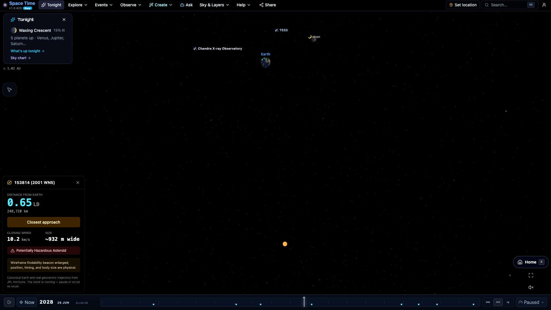 Asteroid 2001 WN5 at its 2028 closest approach, 0.65 lunar distances from Earth — shown to scale between the geostationary-satellite ring and the ring of the Moon's orbit