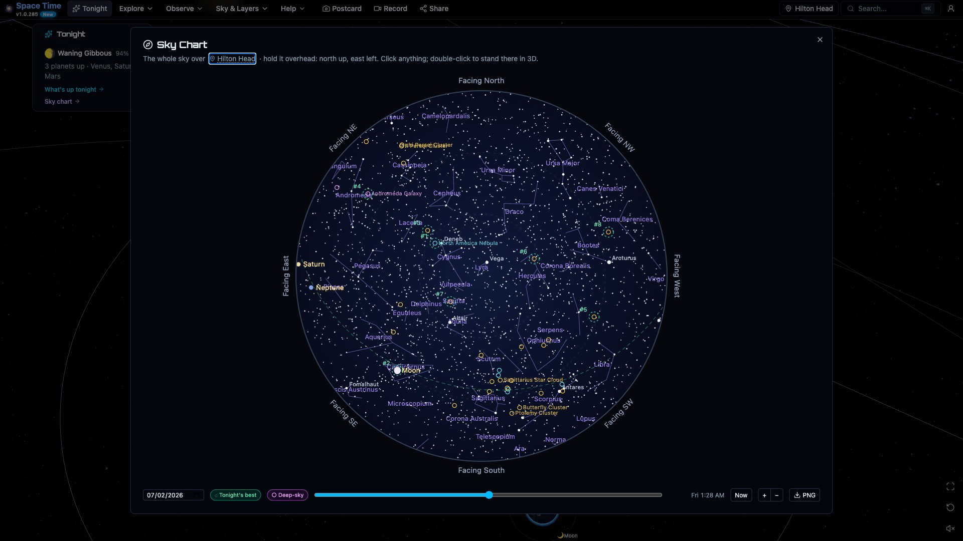 The interactive whole-sky chart: a circular planisphere of the entire sky for the observer's location and time, with constellations, planets and clickable stars
