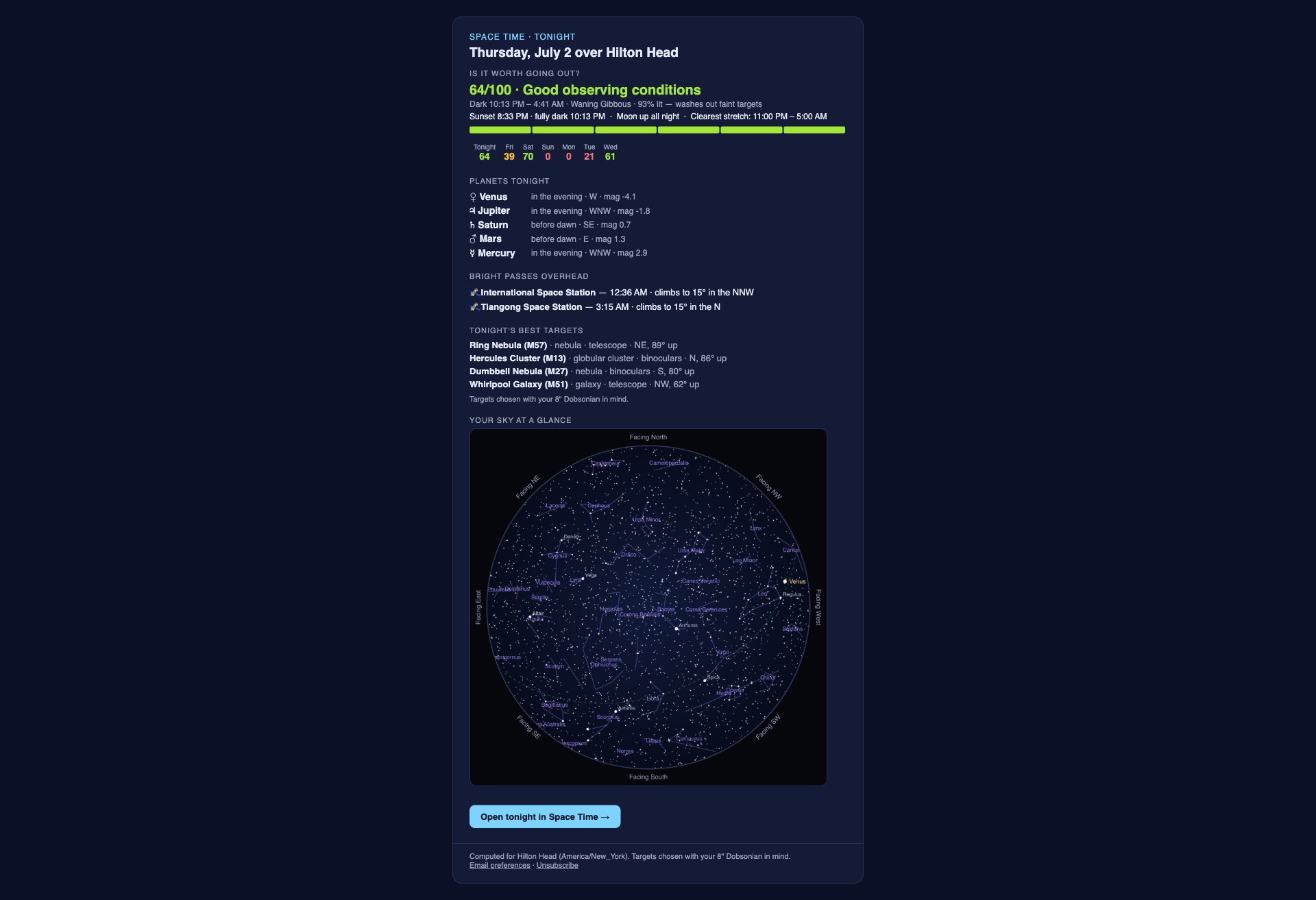 The daily tonight's-sky email showing the night's observing verdict, a sky chart, planet visibility times, ISS passes and Moon details for the reader's location