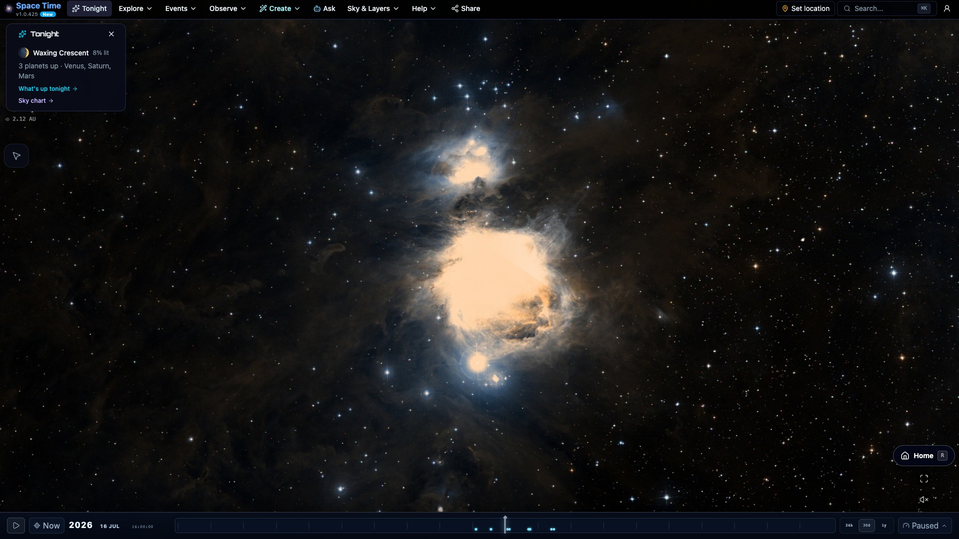 The Orion Nebula filling the Space Time view with real survey imagery