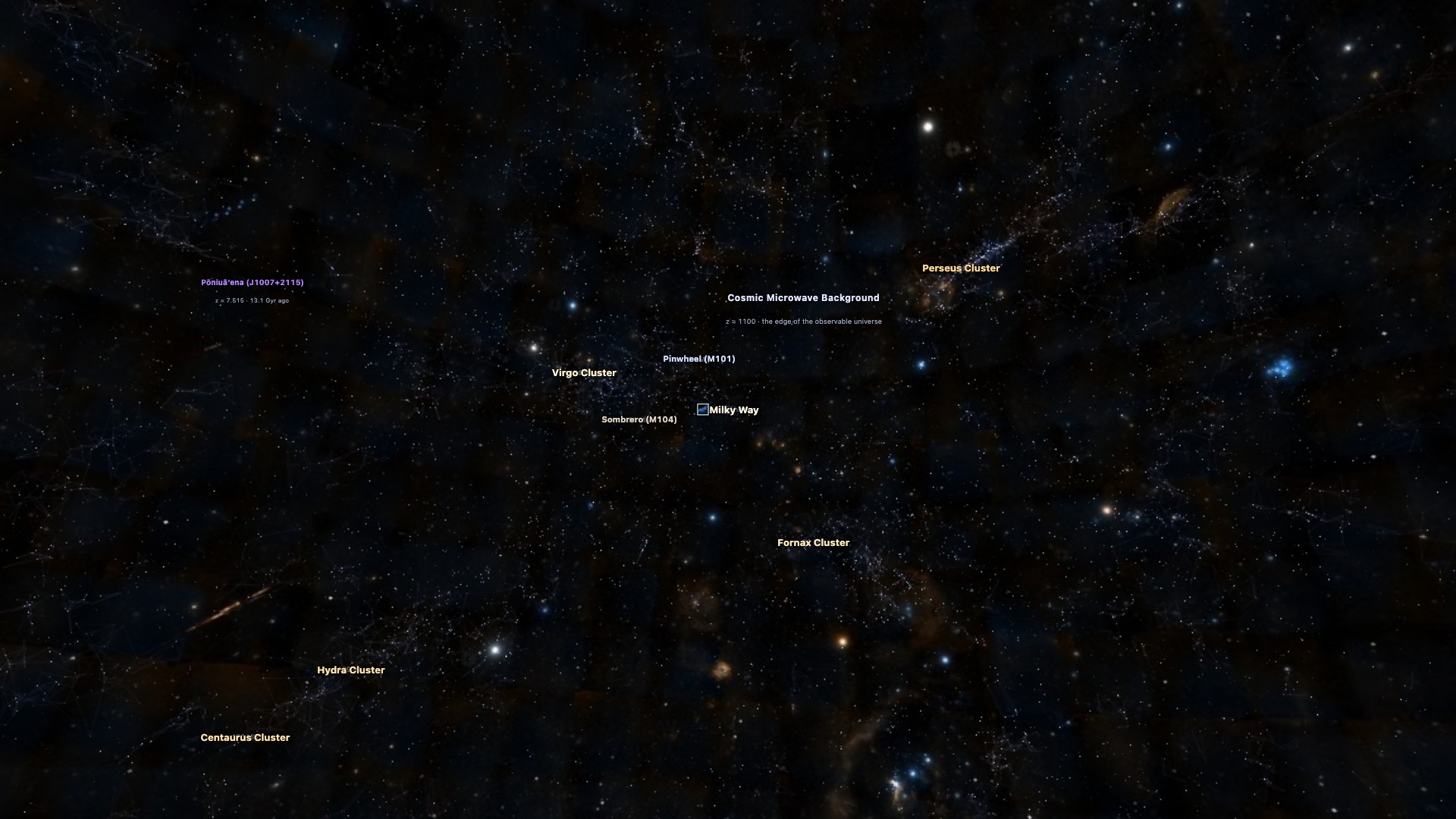 The cosmic web with filament threads drawn between dense galaxies, from inside the supergalactic plane