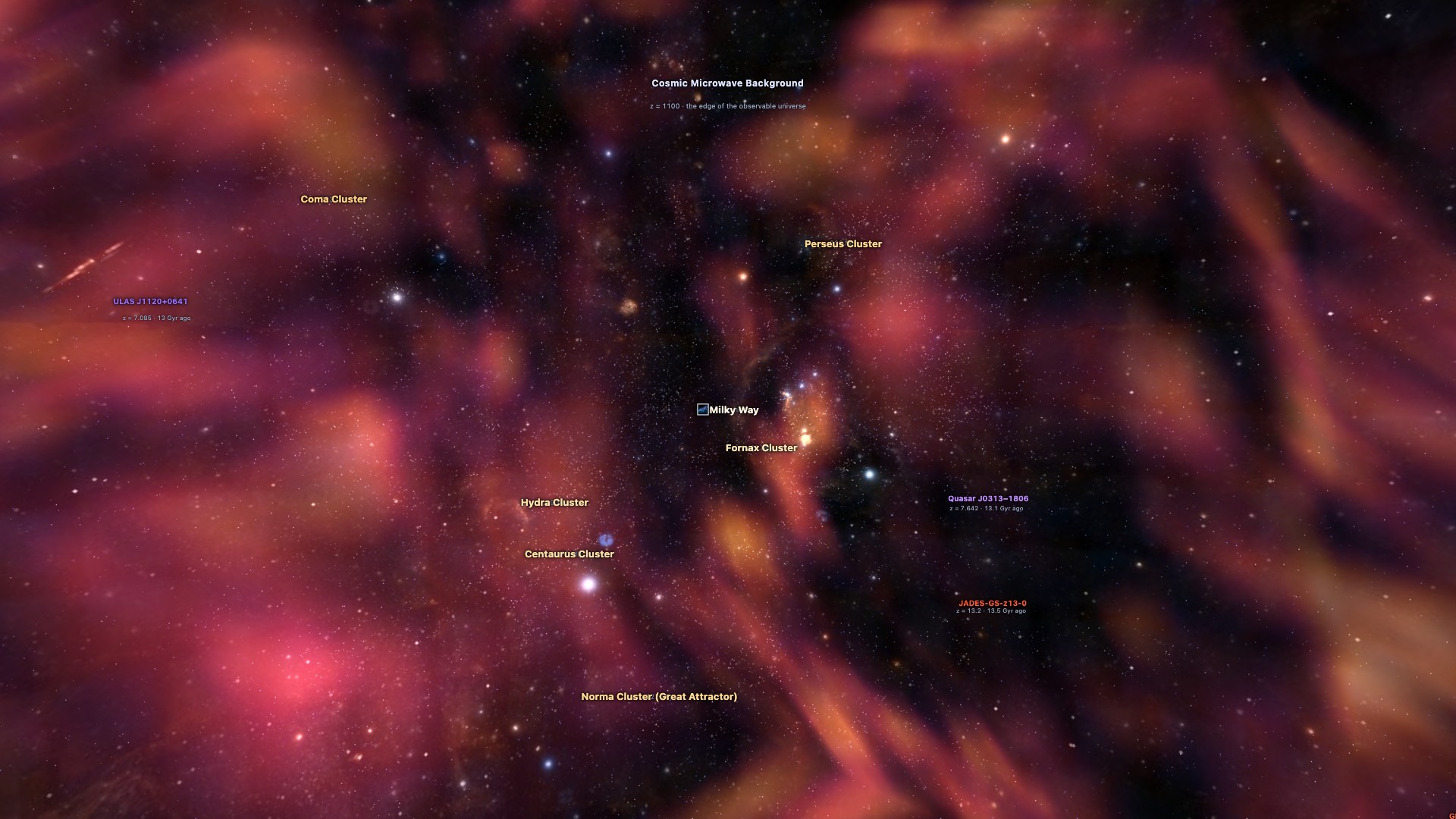The volumetric density field of the local universe rendered as glowing fog around the real clusters