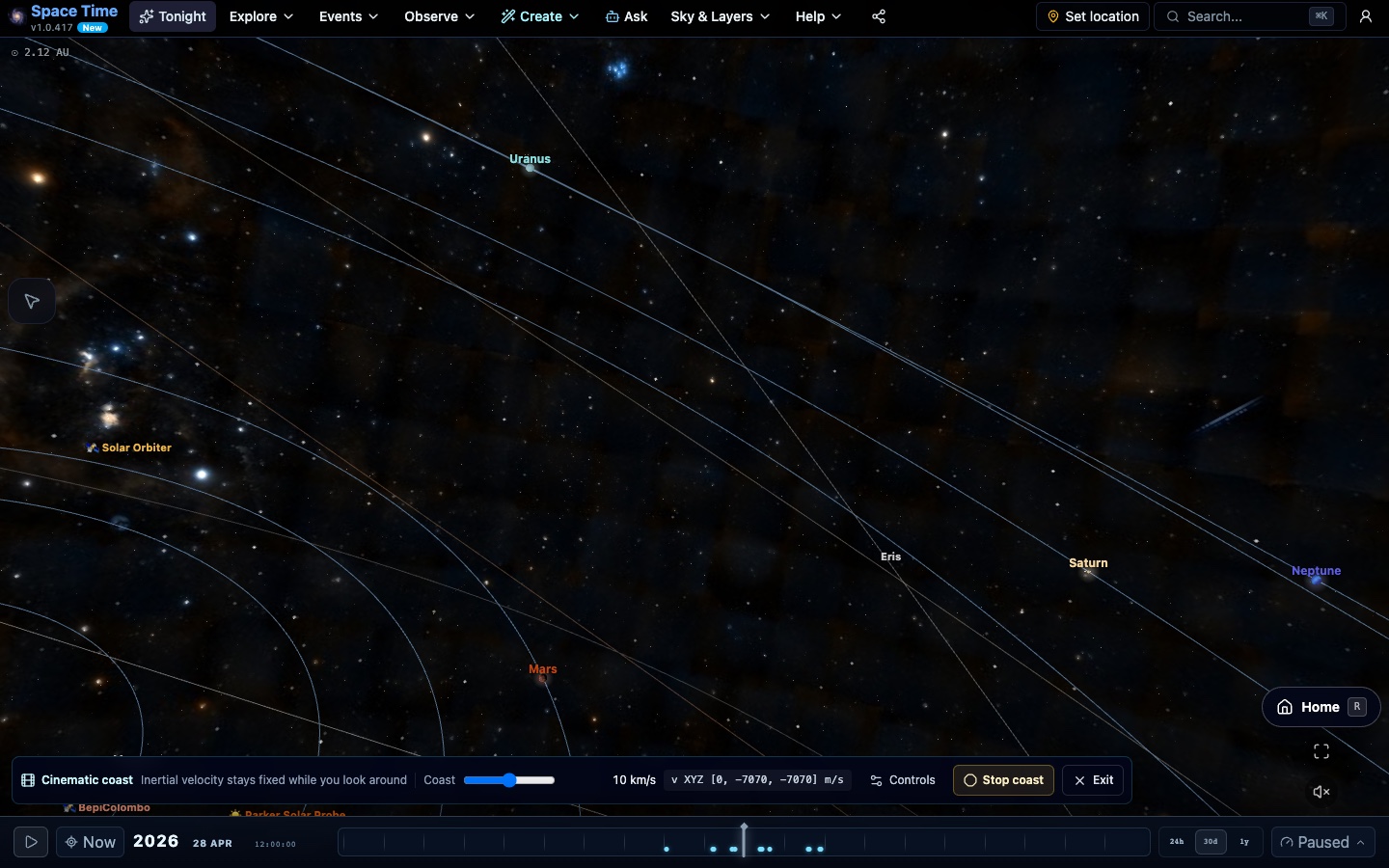 Cinematic Coast controls in Space Time showing a fixed inertial camera velocity, independent look controls and a prominent Stop coast button