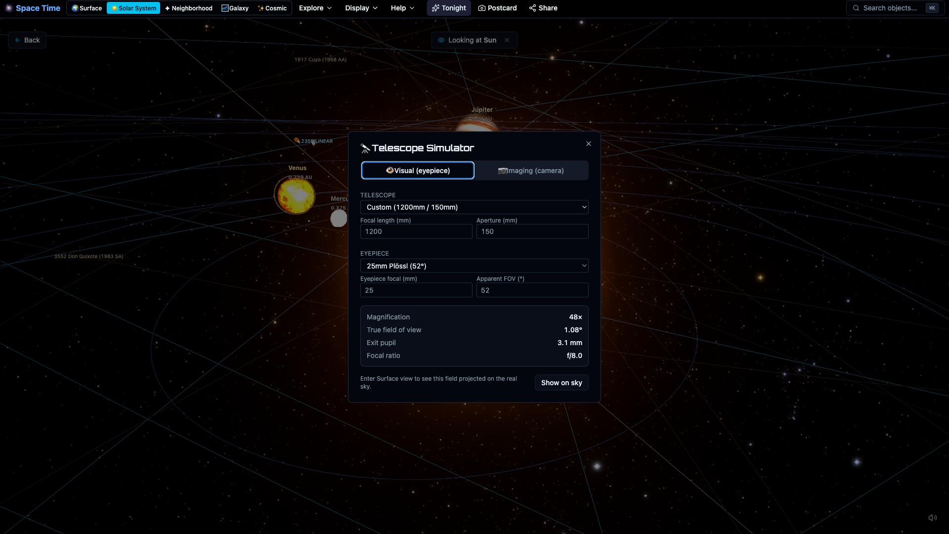 Telescope field-of-view overlay framing a target against real sky imagery
