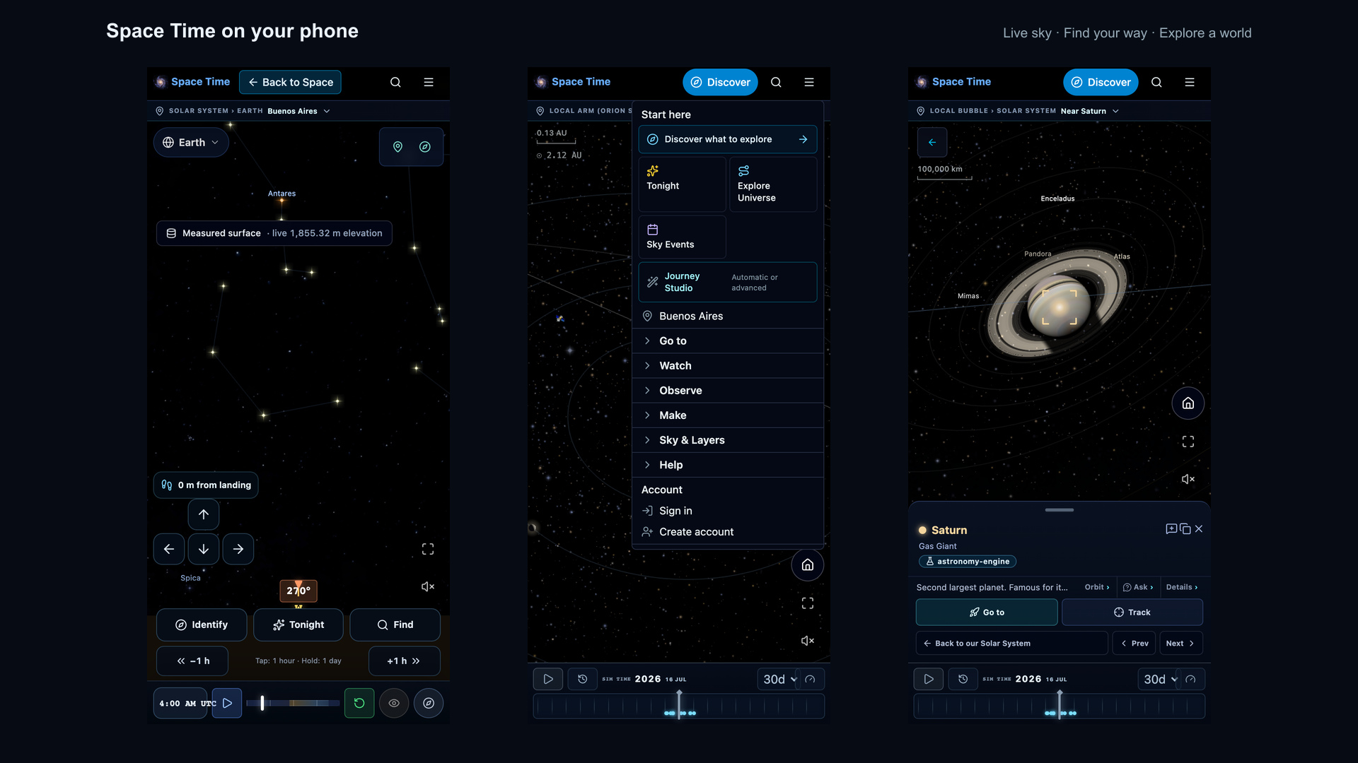 Three phone screens: the live sky with quick actions, the menu, and a selection sheet