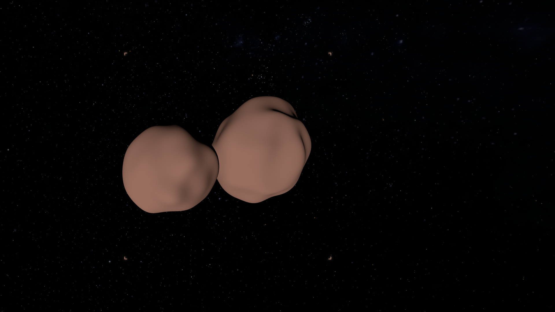 Arrokoth’s joined, flattened lobes follow a New Horizons mission shape model. Uniform reddish reflectance is illustrative.