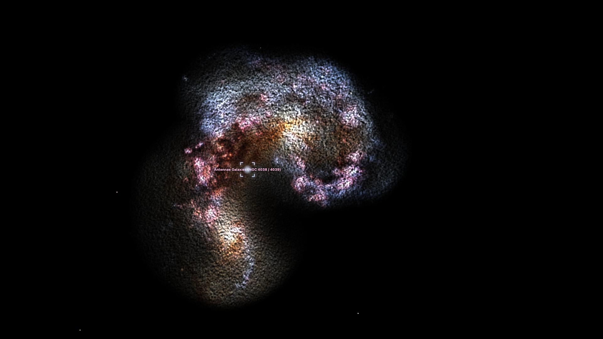 The Antennae’s central collision follows Hubble imagery, with illustrative depth. The long outer tidal tails extend beyond this field.