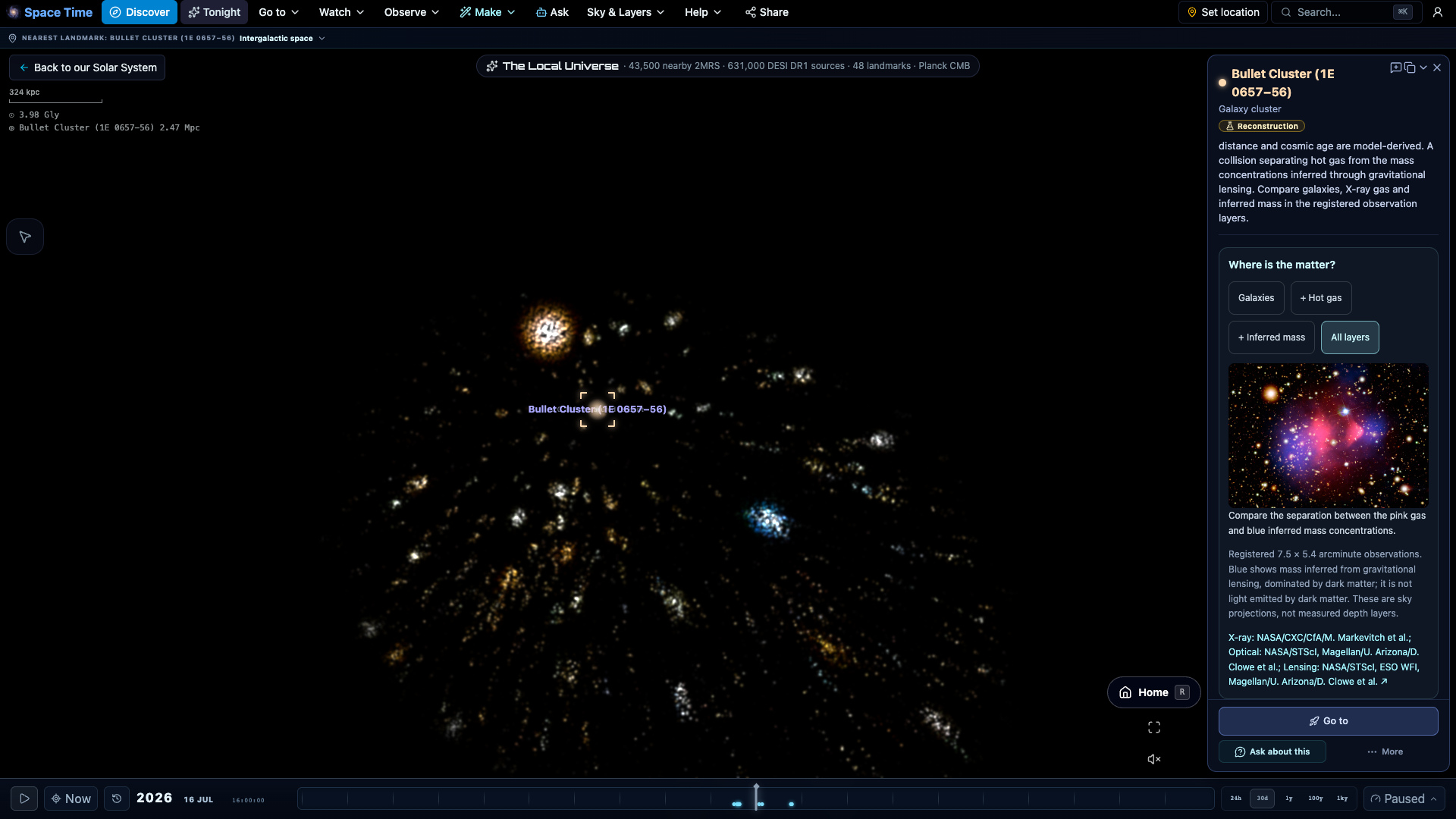 Explore the Bullet Cluster’s optical light and compare registered observation layers. Lensing infers mass; dark matter is not photographed.