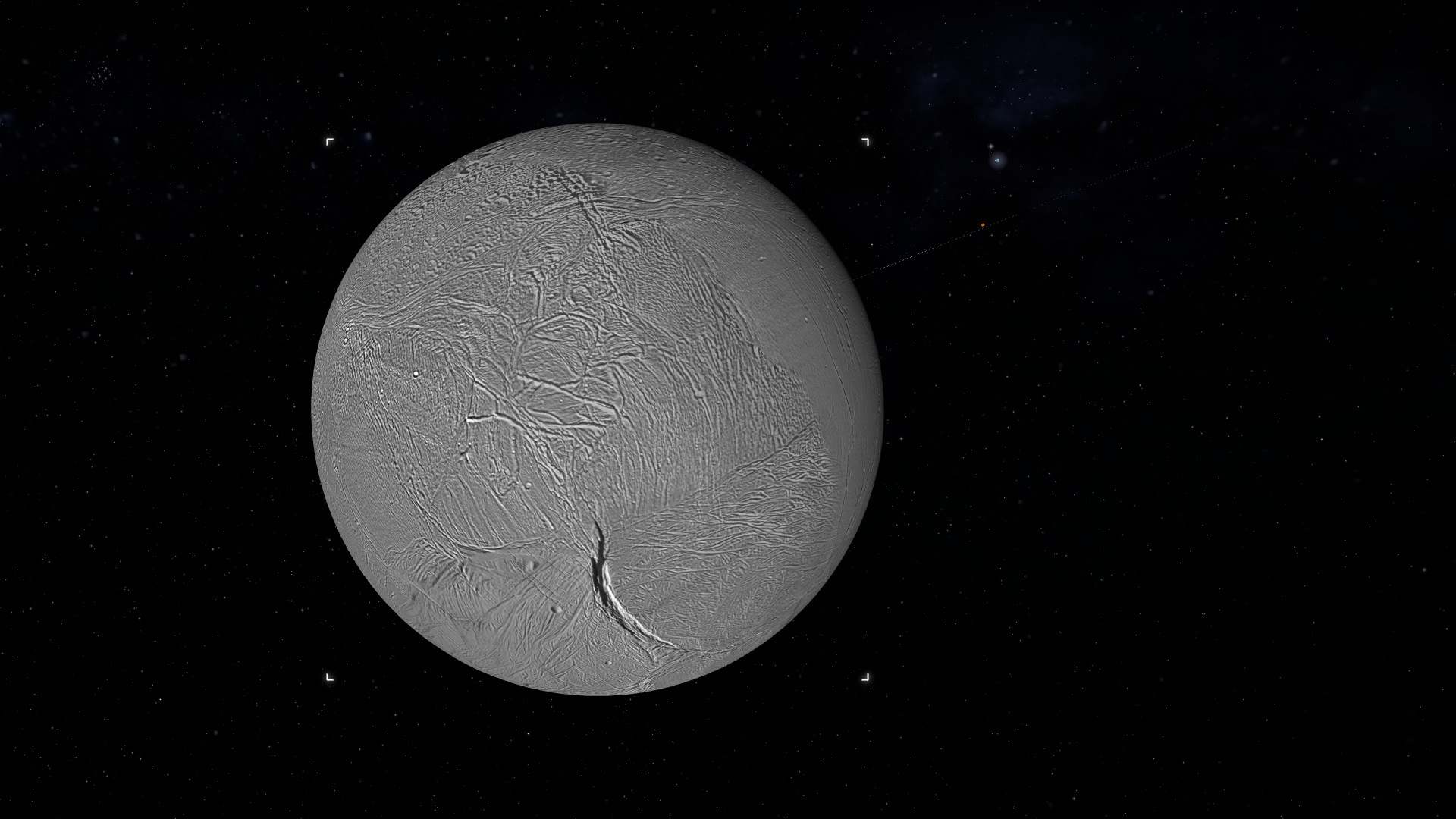 Enceladus rendered with mission imagery and real solar illumination.