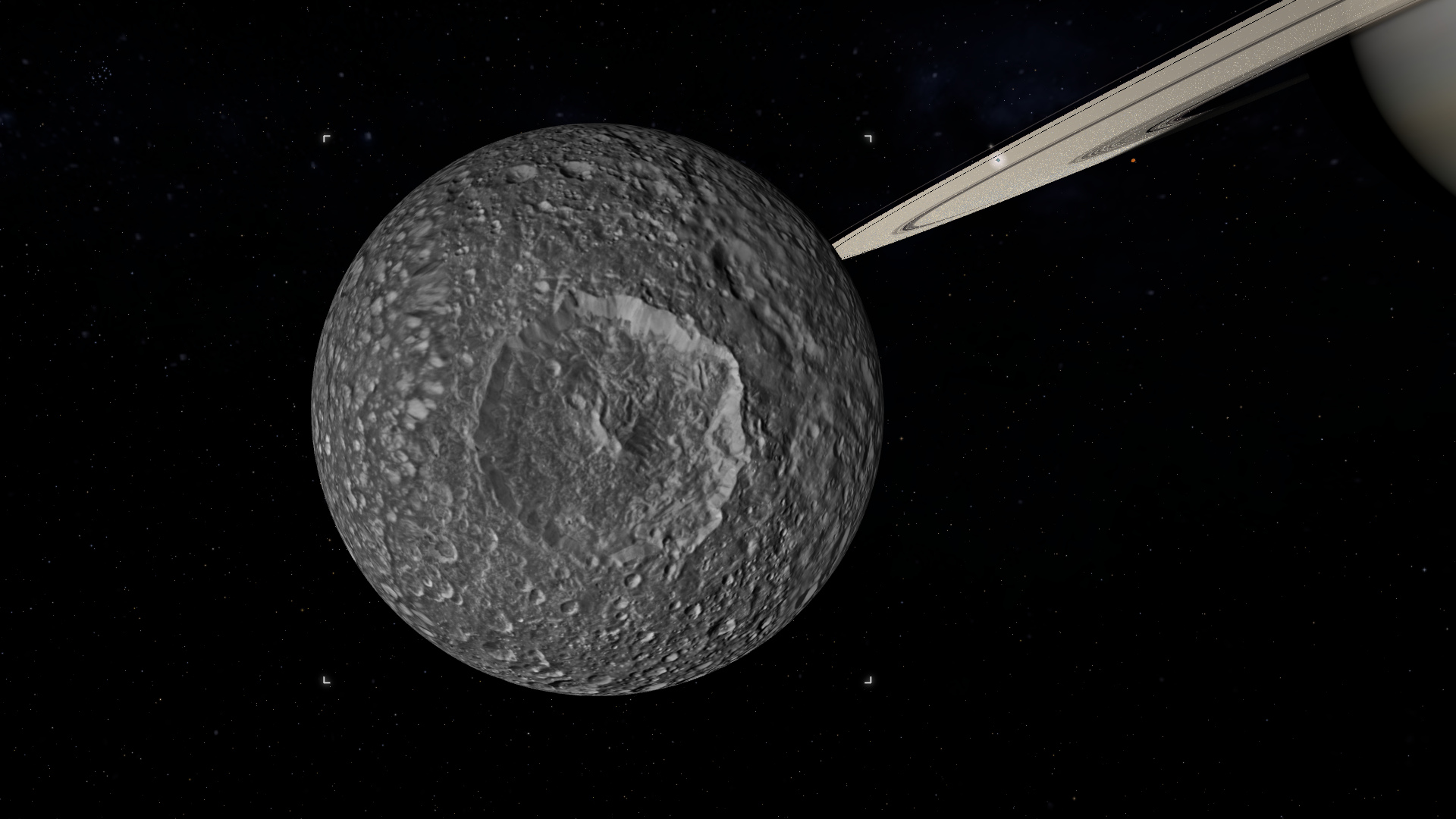 Mimas with a mission-derived surface mosaic. Image resolution varies with observation coverage.