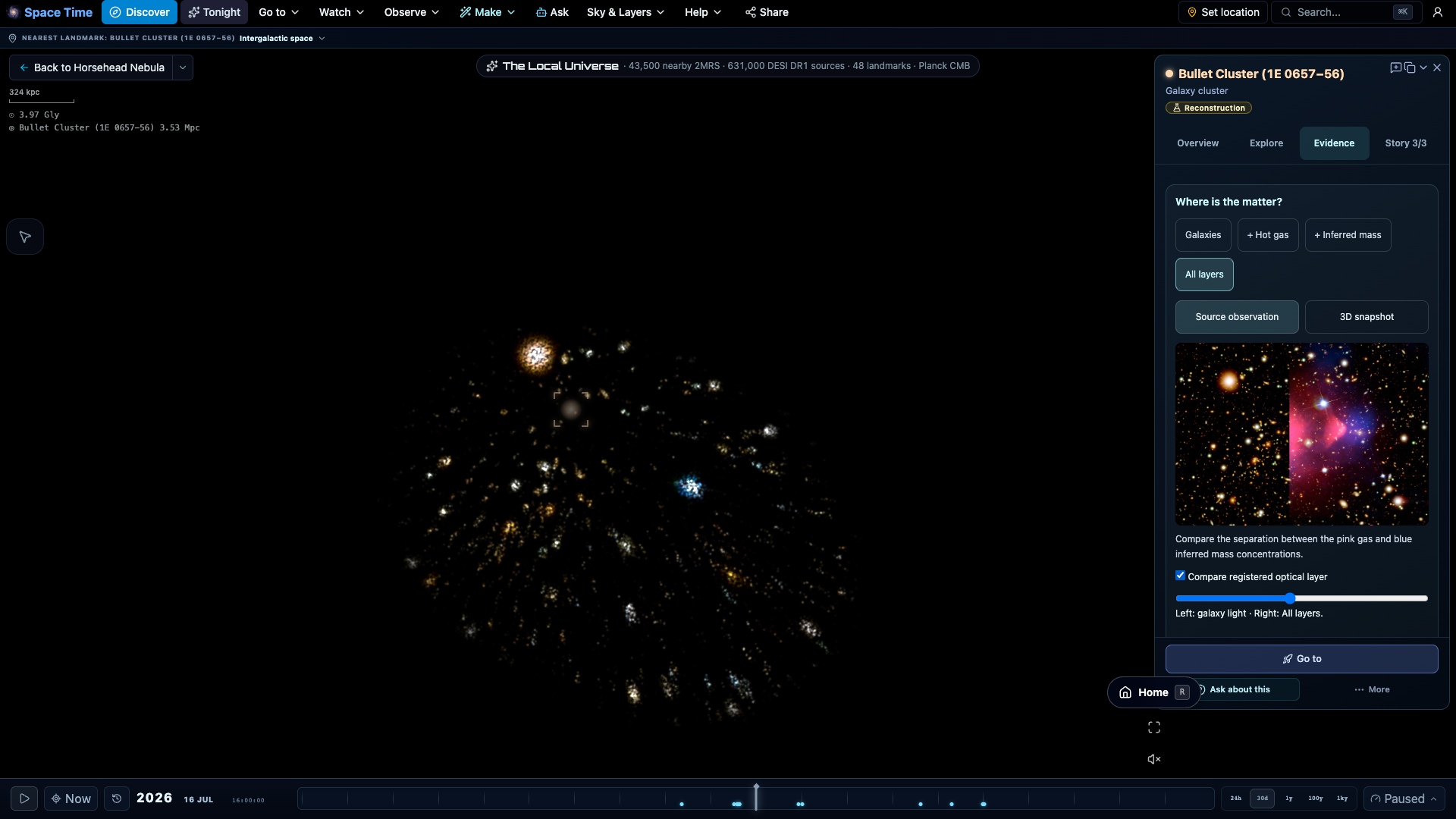 Connect the view to the evidence — Compare source imagery with your current 3D view. Registered Bullet Cluster layers offer an optical comparison wipe; source credits and limitations stay visible.
