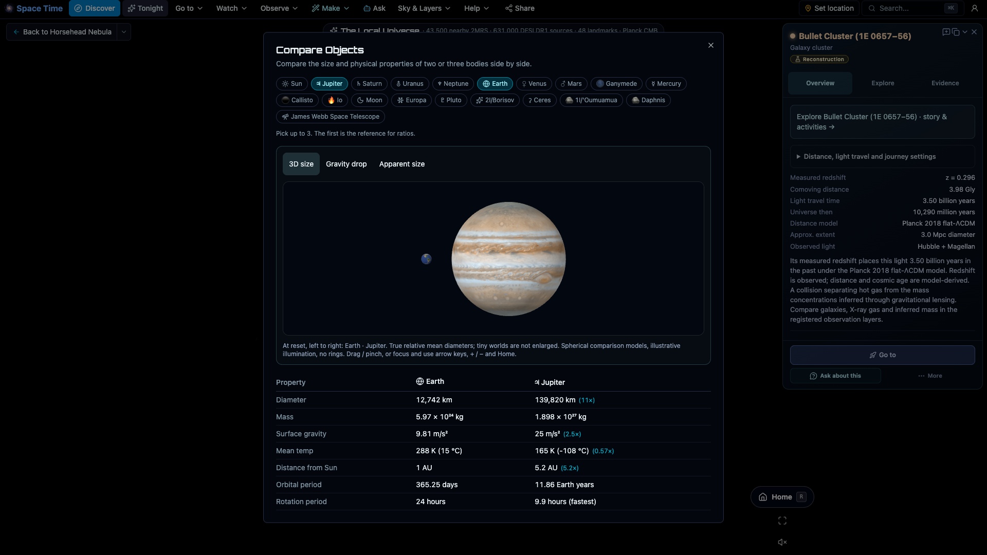 Put worlds beside each other — Orbit textured comparison models at their true relative mean diameters. Compare physical properties and explore apparent size from a chosen distance.