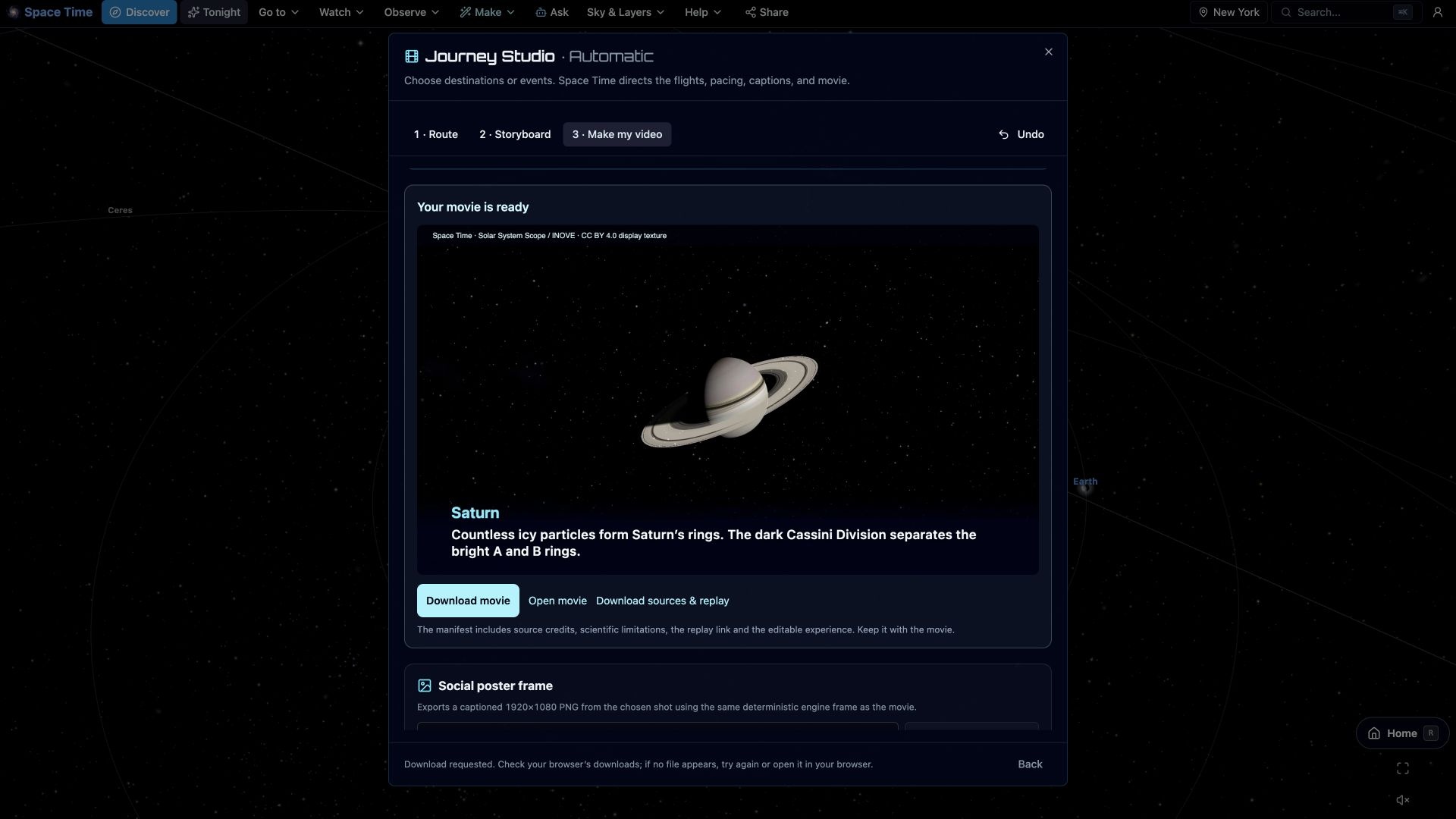Make a movie of your journey — Export captioned 1080p movies in landscape or portrait, preview the result and keep its source credits, editable journey and replay link.