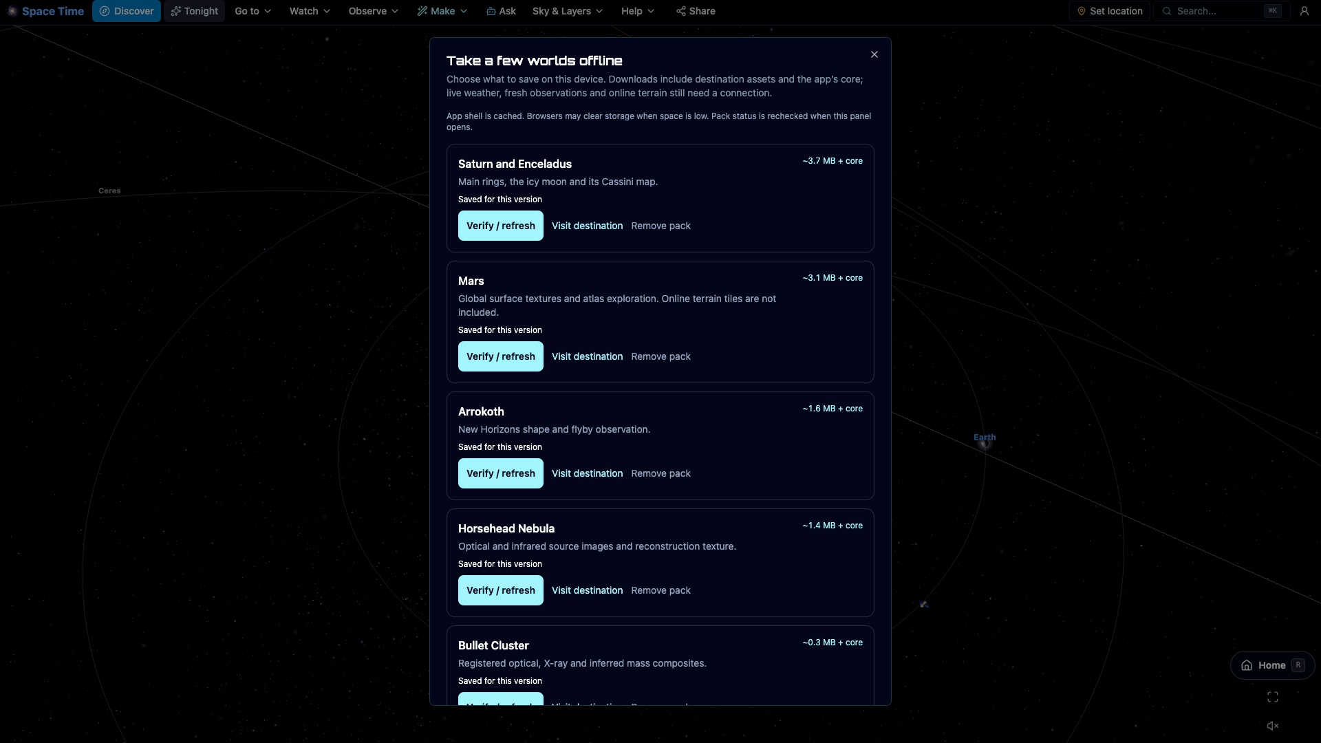 Take a few worlds offline — Choose destination packs with visible download sizes, progress, resume and removal. Saved assets and controls work offline; live services and remote terrain still need a connection.