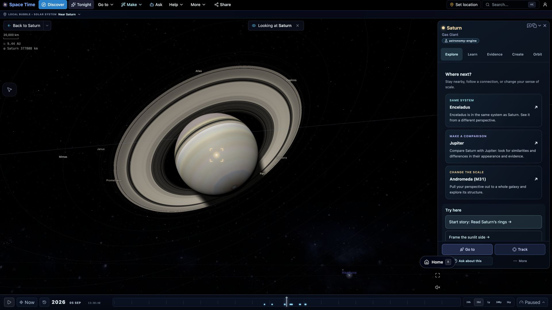 Find your next discovery — Explore, Learn and Create share one destination workspace. Follow a system connection, compare another world, or step out to a whole galaxy.