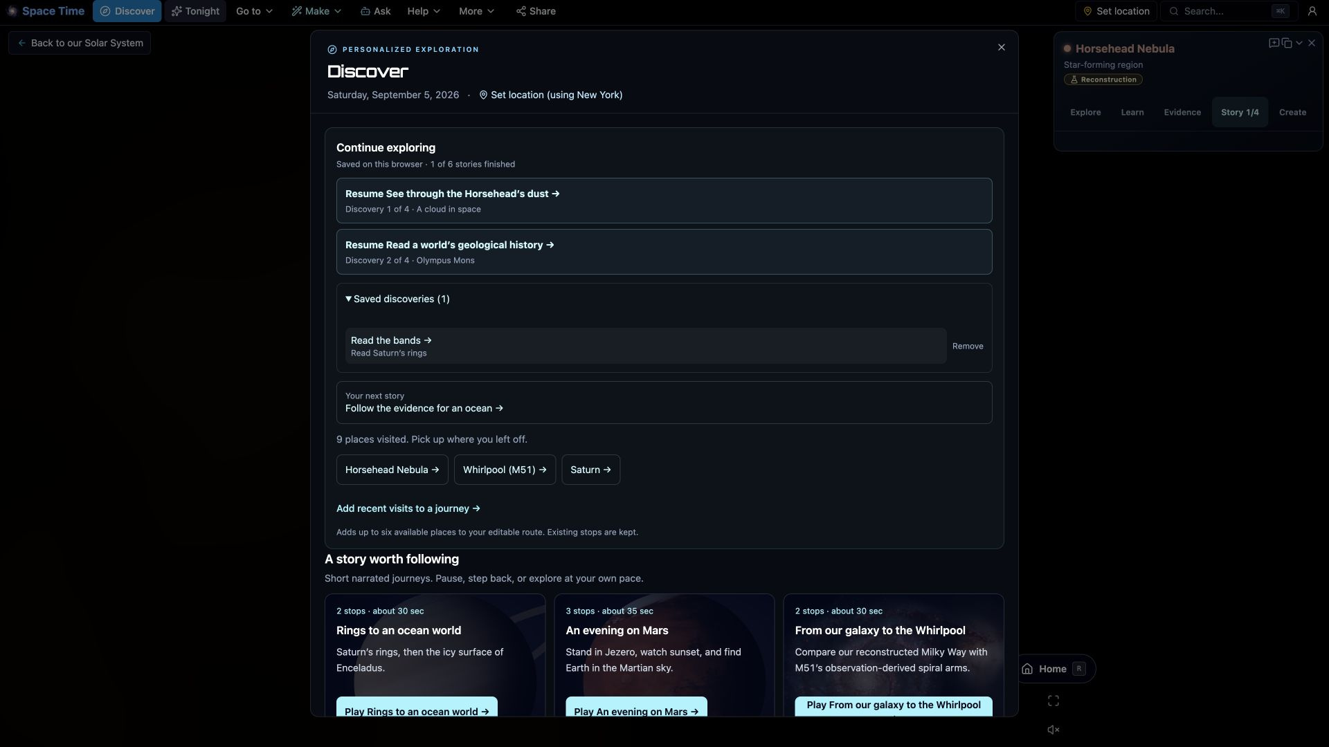 Pick up your next discovery — Resume an unfinished story at the right destination, revisit saved discoveries, and choose an unstarted story. Your place is saved on this browser without an account.