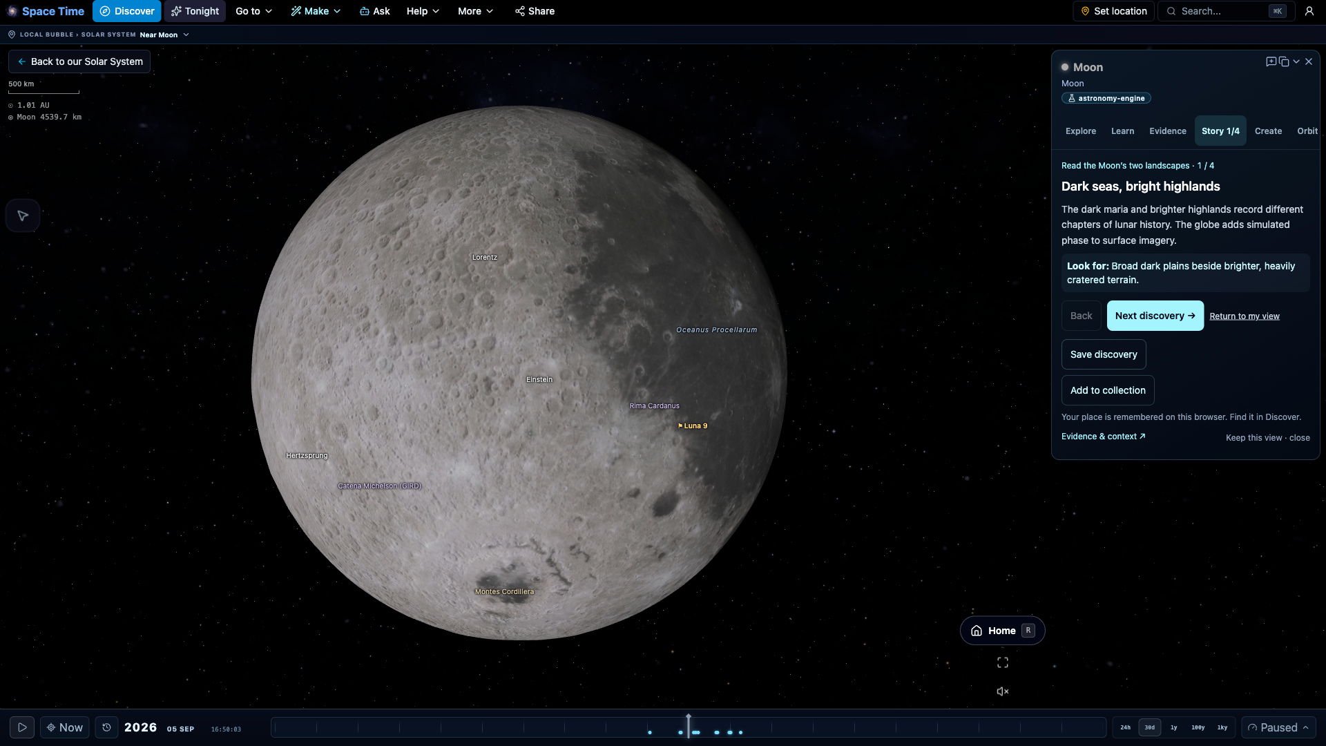 Read the Moon’s two landscapes — Find the dark maria, move to Tycho in daylight and inspect the map behind the globe.
