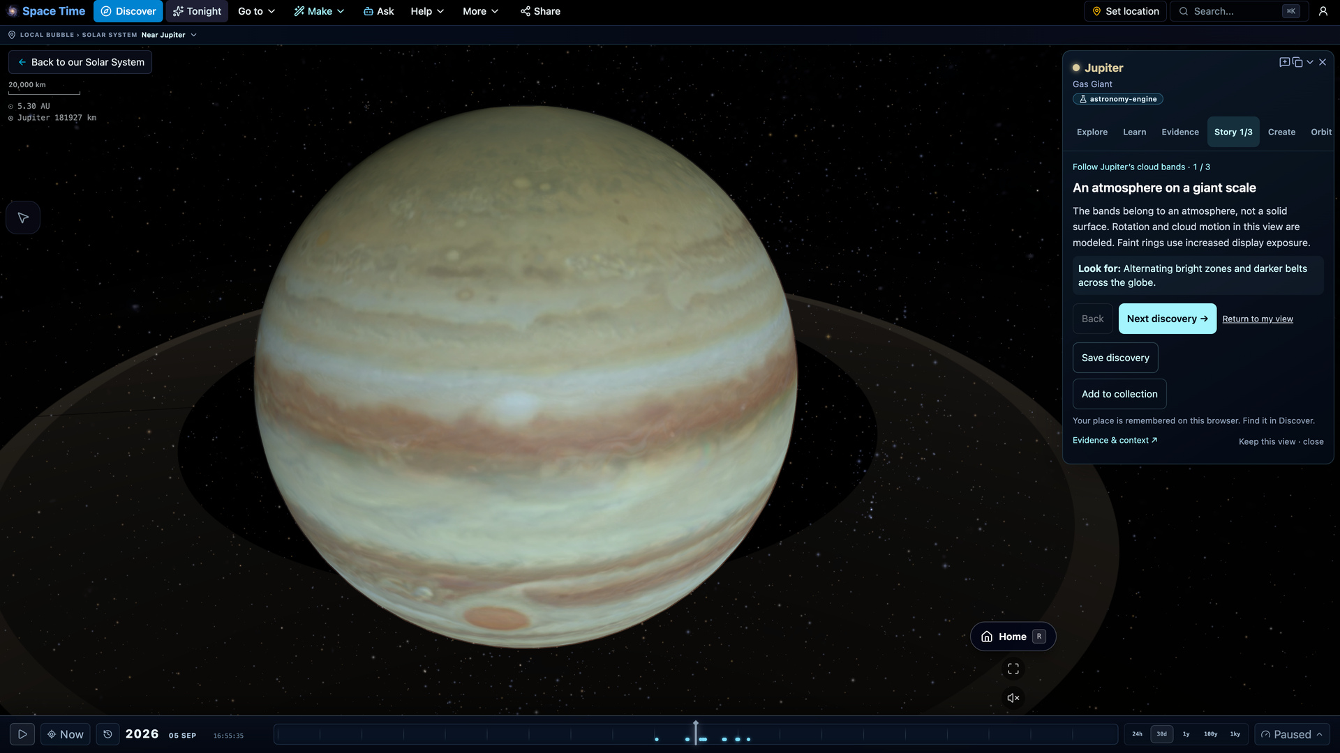 Follow Jupiter’s cloud bands — Explore a giant atmosphere, compare an archived Hubble cloud map and visit Europa’s icy surface.