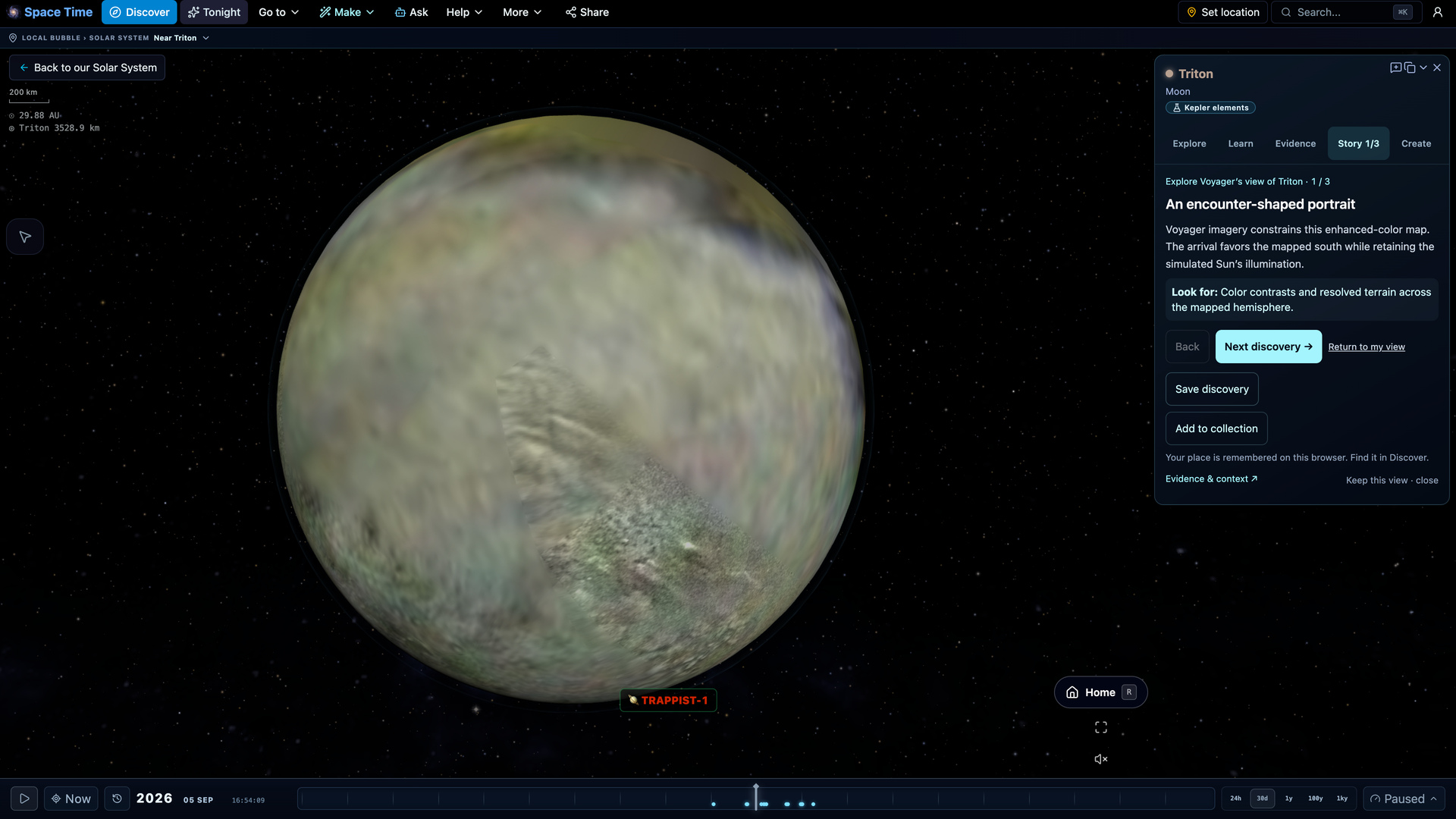 Explore Voyager’s view of Triton — Inspect the mapped southern terrain, see where Voyager’s coverage ends and return to Neptune.
