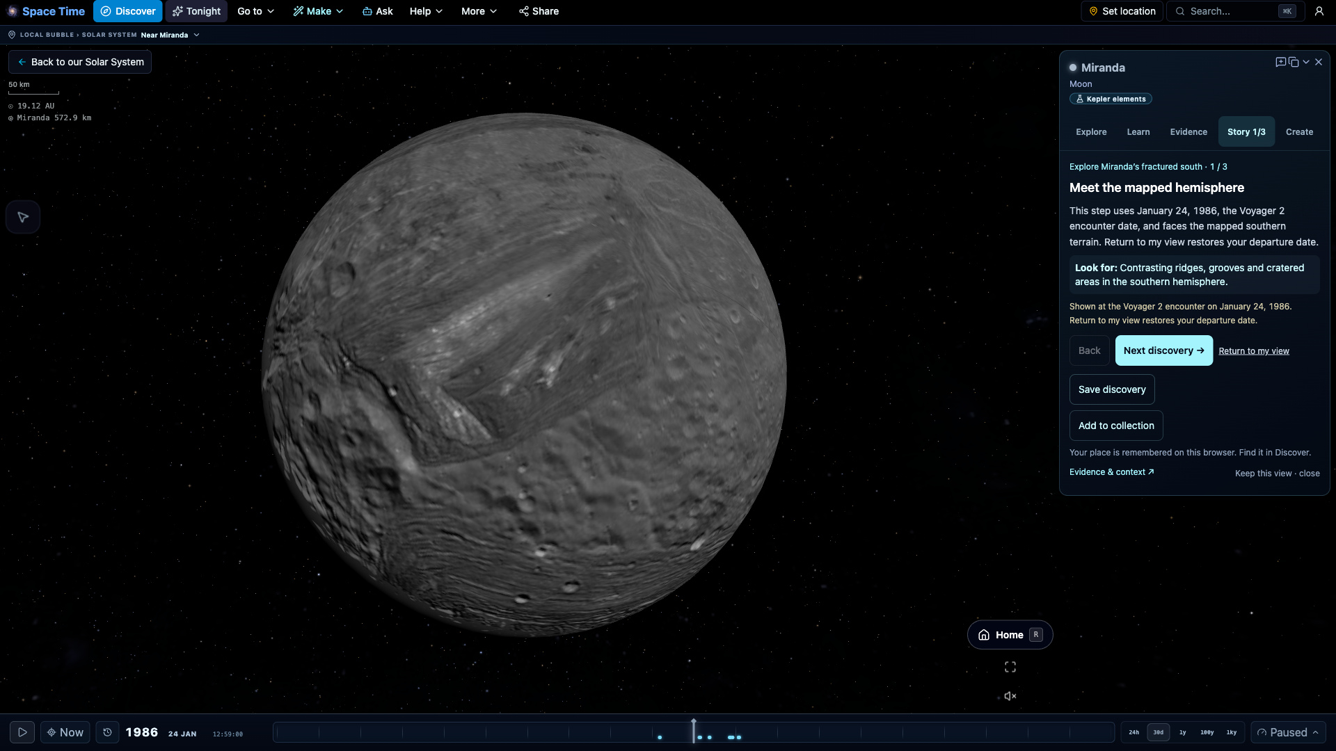 Meet Miranda’s fractured south — Visit the mapped hemisphere at the Voyager 2 encounter date. Ridges and grooves remain distinct from the plain, unobserved north.