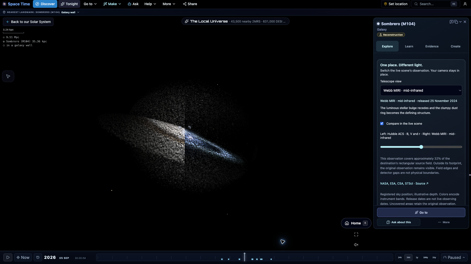Sombrero (M104): live telescope comparison