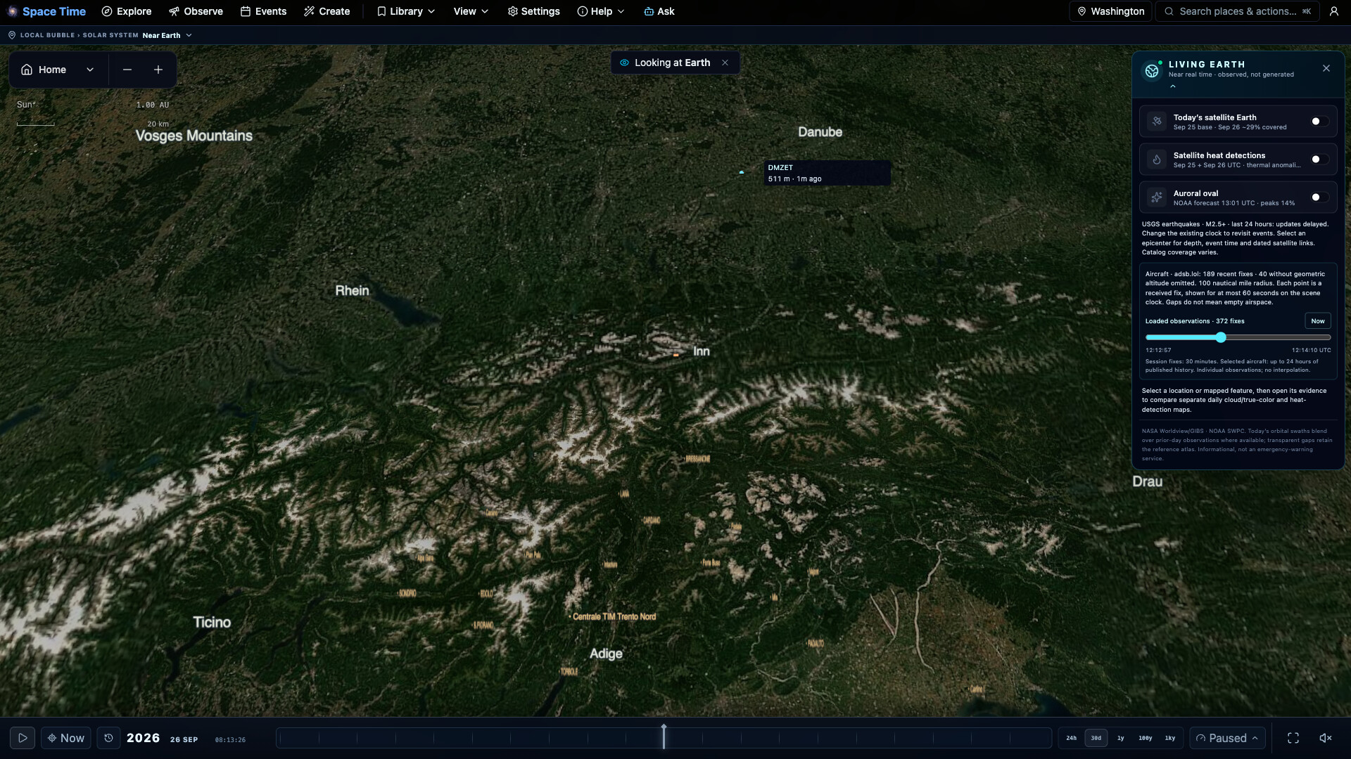 Living Earth in Space Time showing satellite imagery of the Alps with rivers labeled and the Living Earth layer panel open