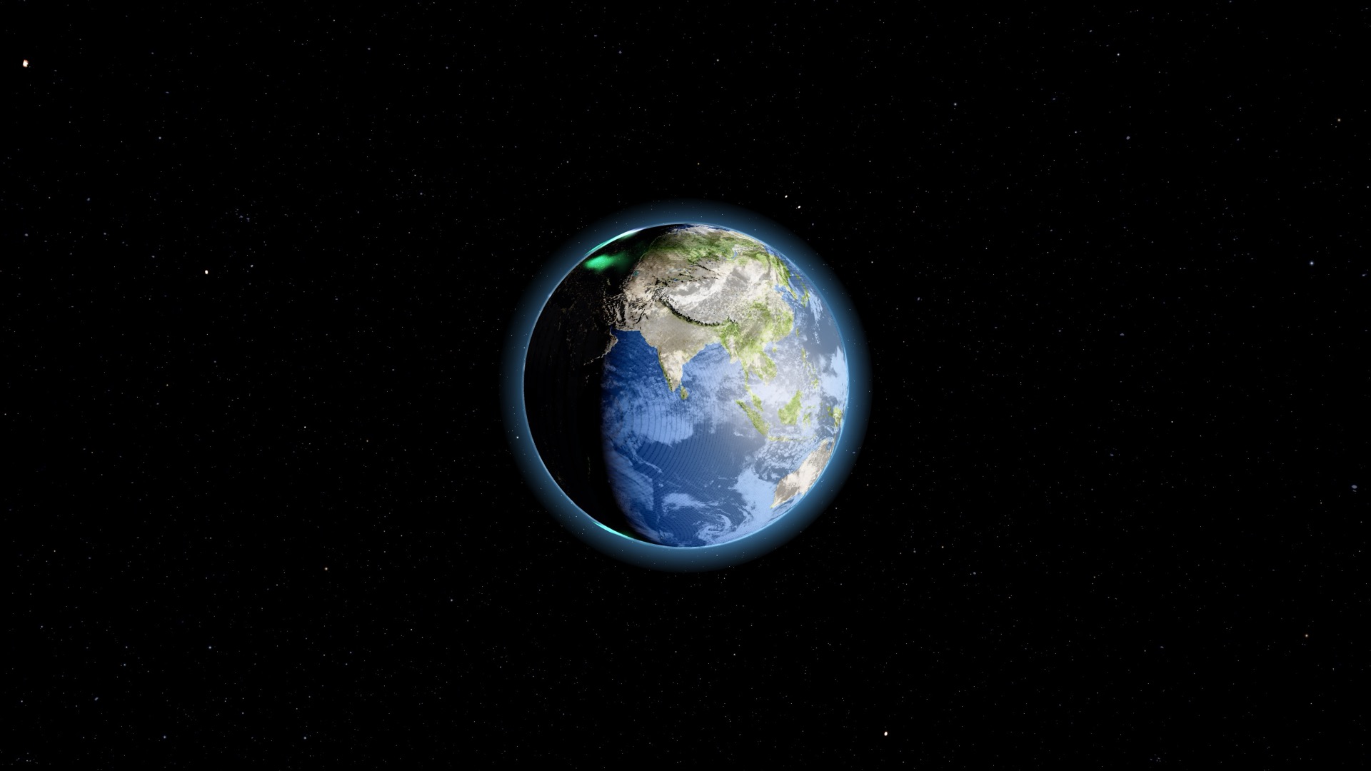 Earth in 3D with ocean sun-glint and relief shading from real elevation data