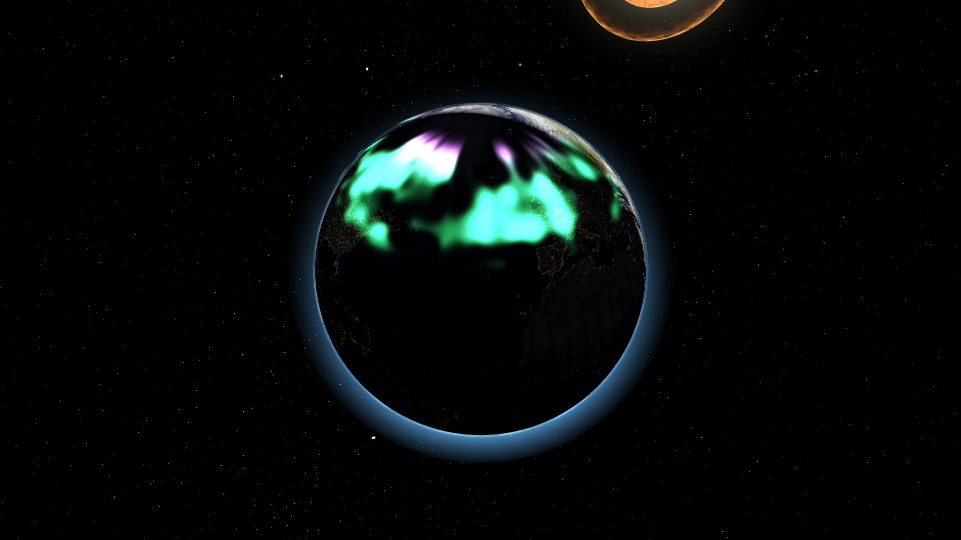 The live auroral oval over Earth's night side, offset over the geomagnetic pole, driven by the NOAA OVATION nowcast