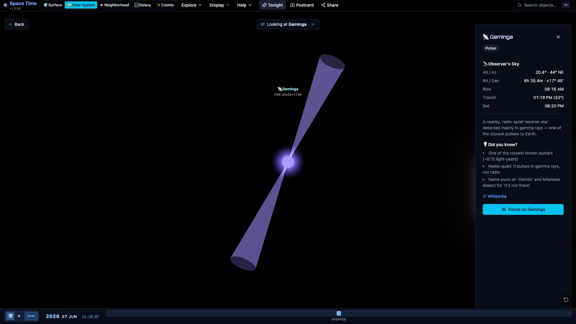 A pulsar with its sweeping radio beams, flashing at its real rotation rate