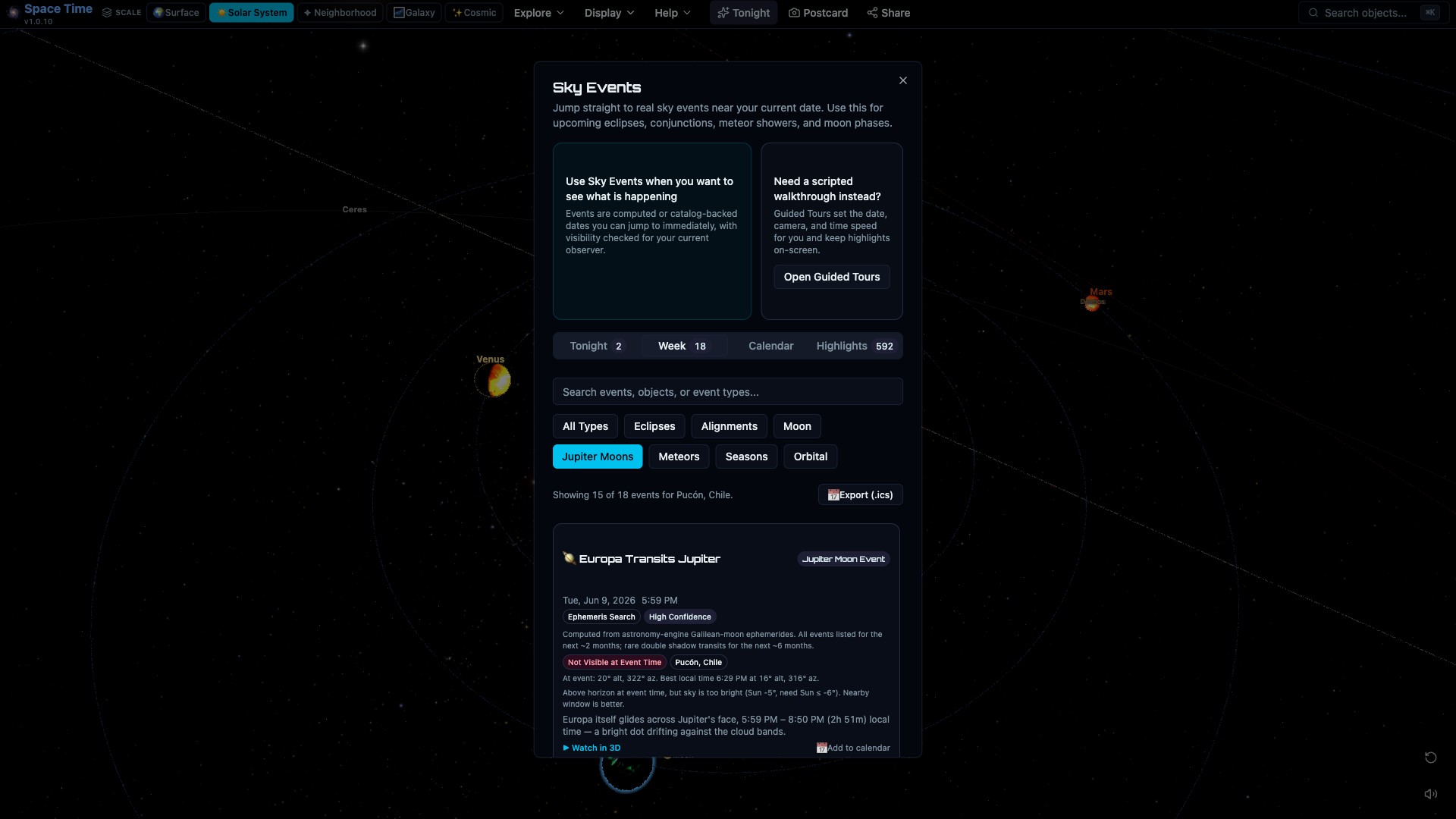 Sky events calendar listing Jupiter moon transits, shadow transits and lunar occultations