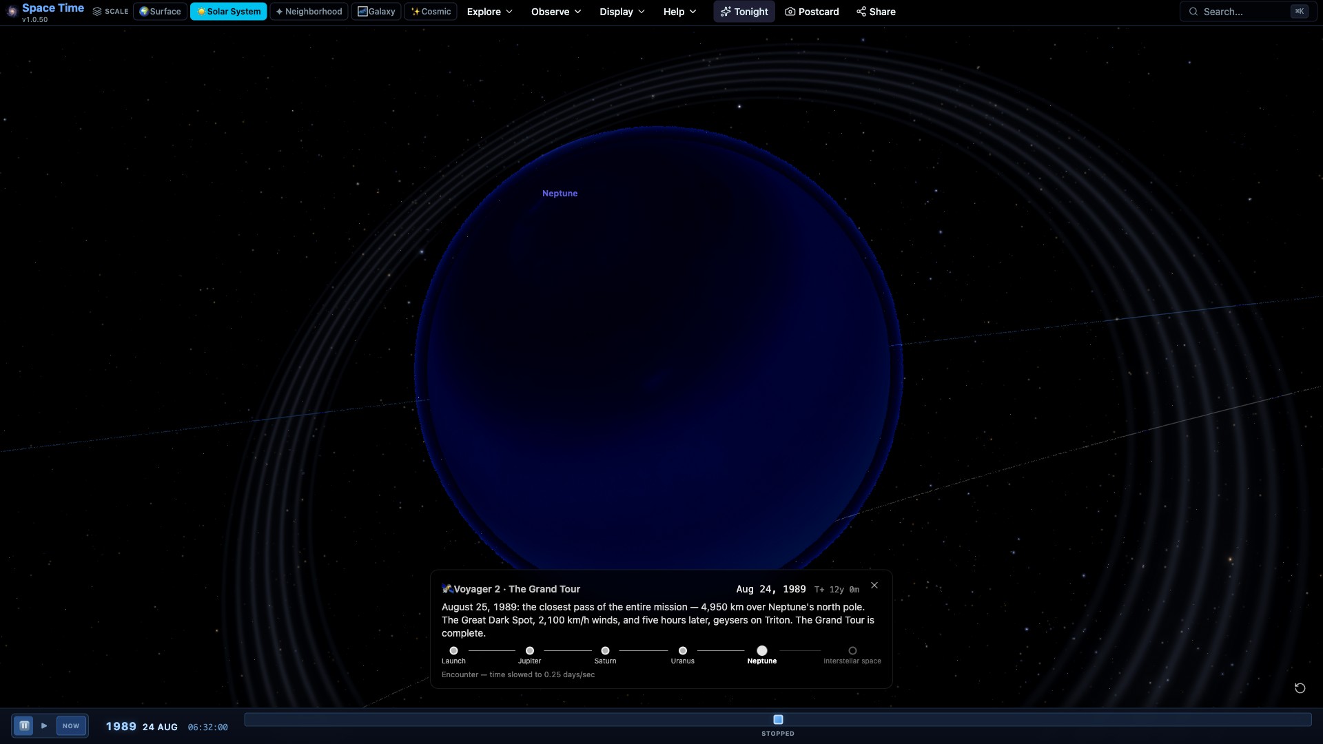 The Voyager 2 Grand Tour mission replay reaching Neptune in 3D