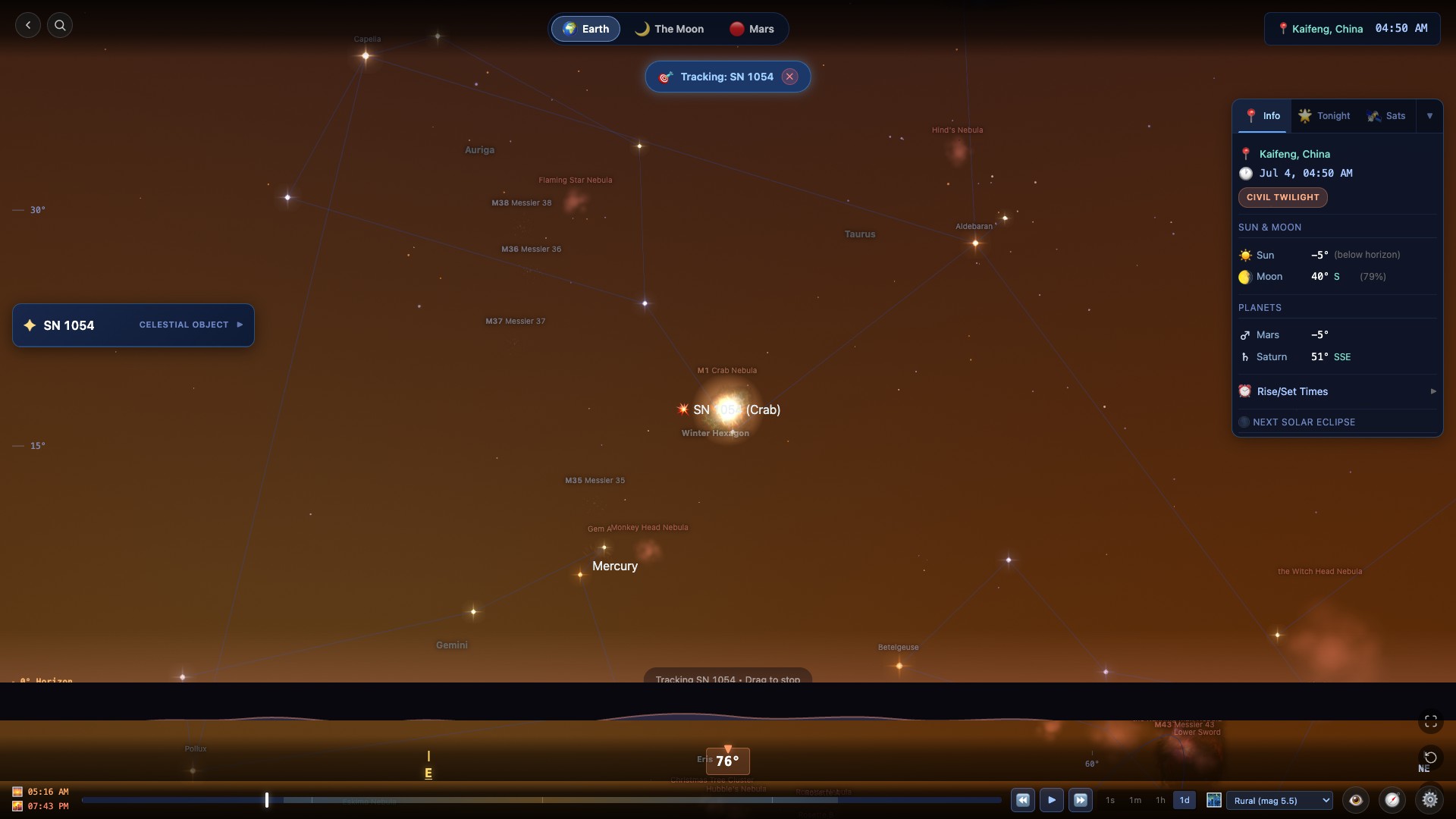 The Crab supernova of 1054 blazing beside Tianguan in the simulated medieval sky