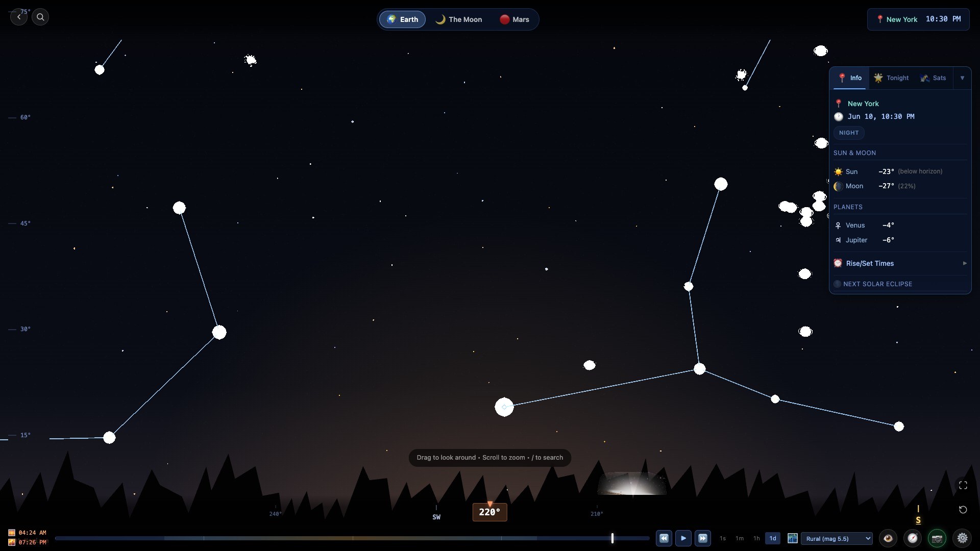 AR camera mode overlaying the star chart on the real night sky through the phone camera