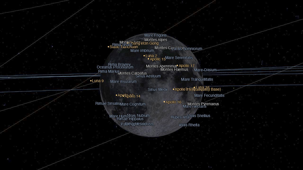 Moon atlas labeling maria, craters and Apollo landing sites on the 3D Moon